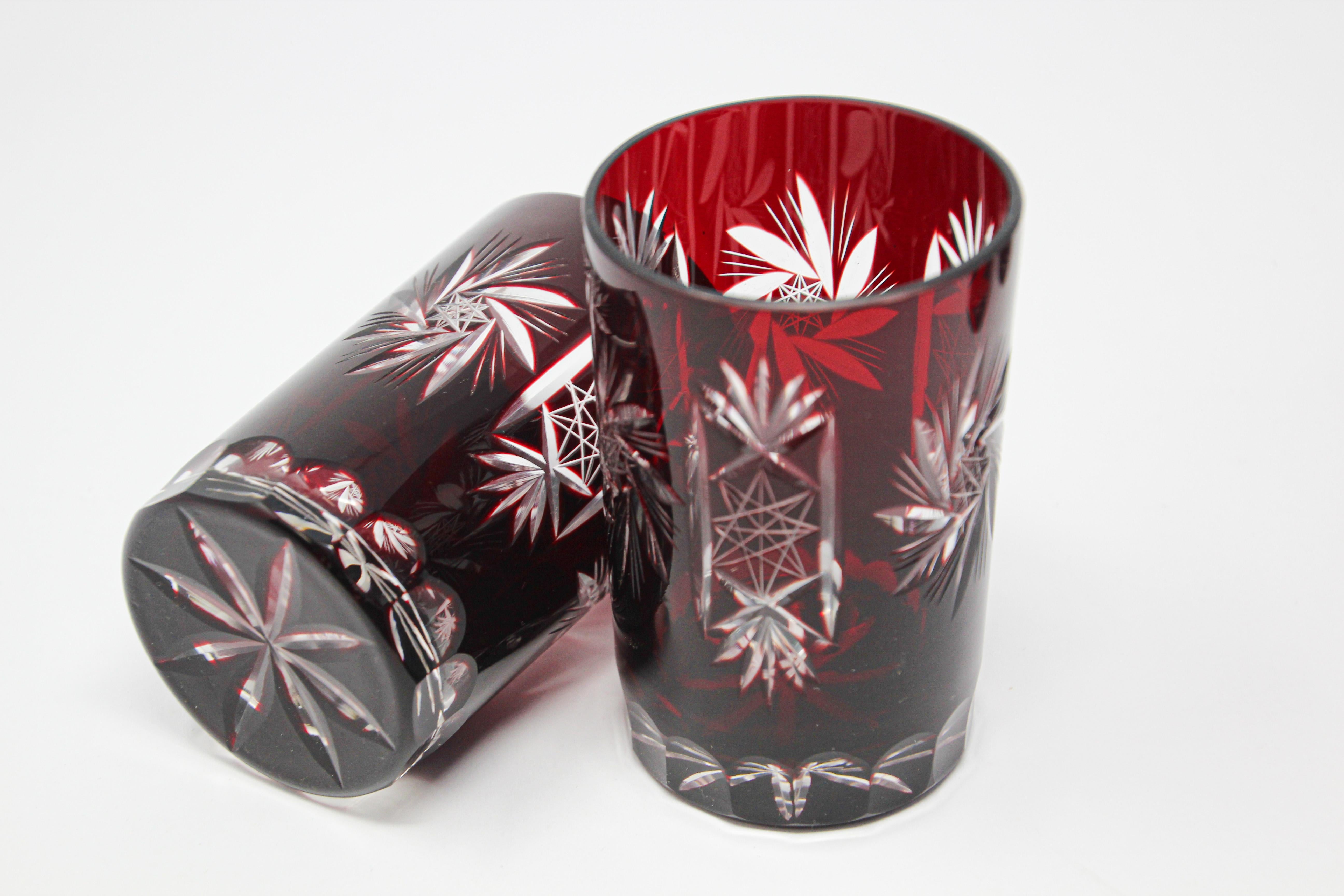 Set of Four Cut Ruby Crystal Whiskey Glass Tumbler Ruby Red In Good Condition In North Hollywood, CA