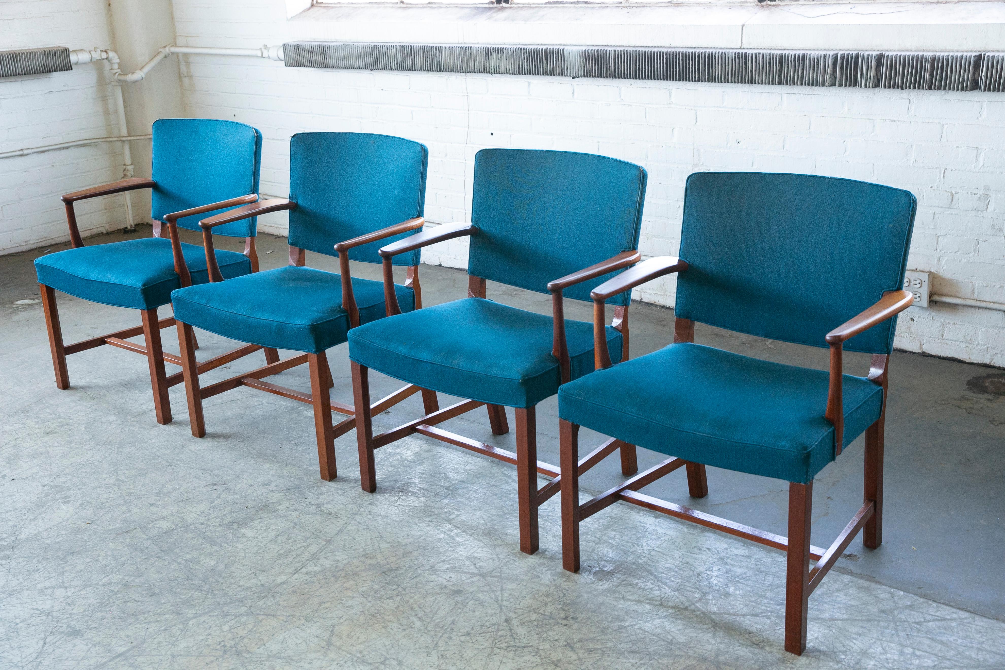 Mid-Century Modern Set of Four Danish 1940s Mahogany Side or Desk Chairs with Open Armrests For Sale