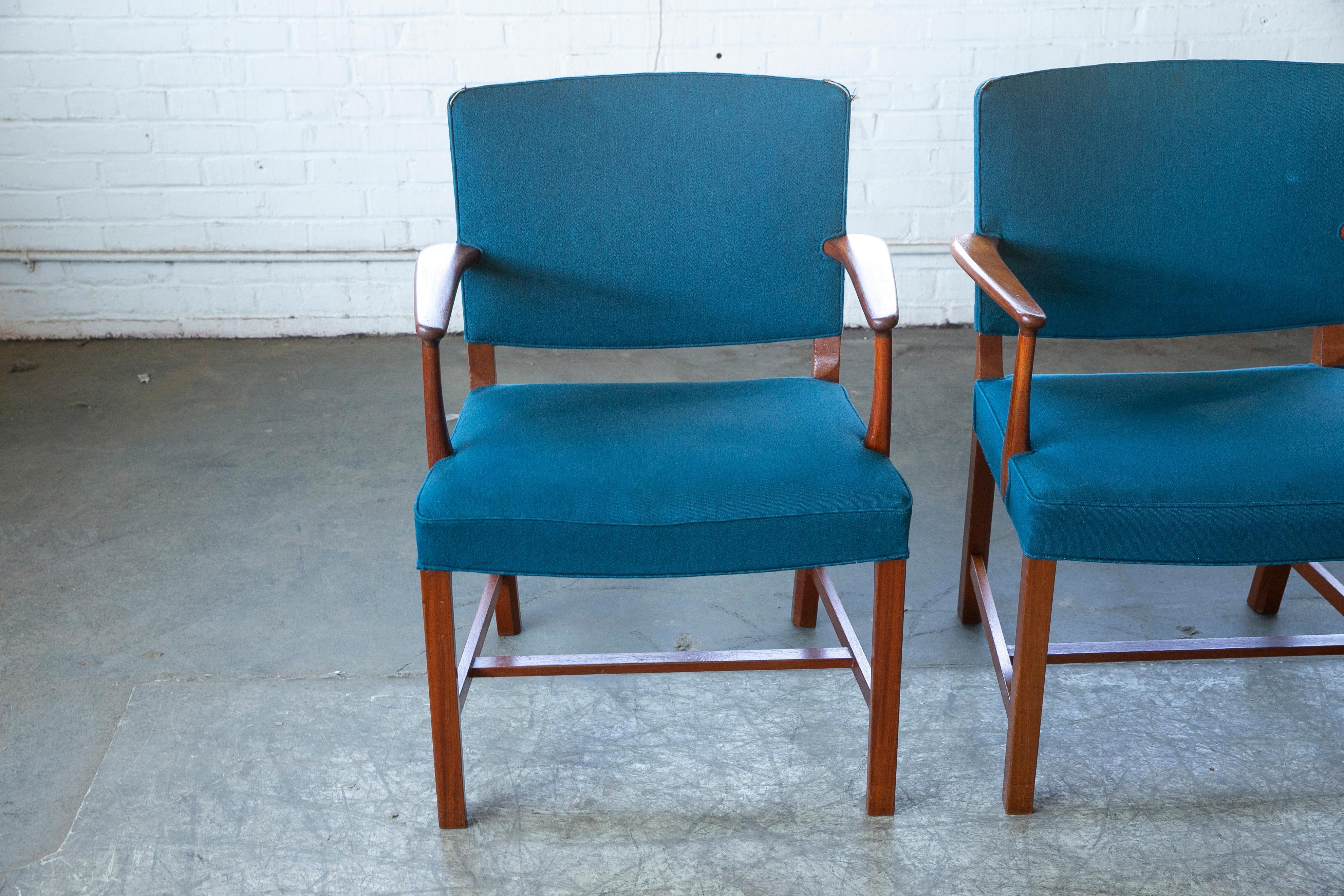 Mid-20th Century Set of Four Danish 1940s Mahogany Side or Desk Chairs with Open Armrests For Sale