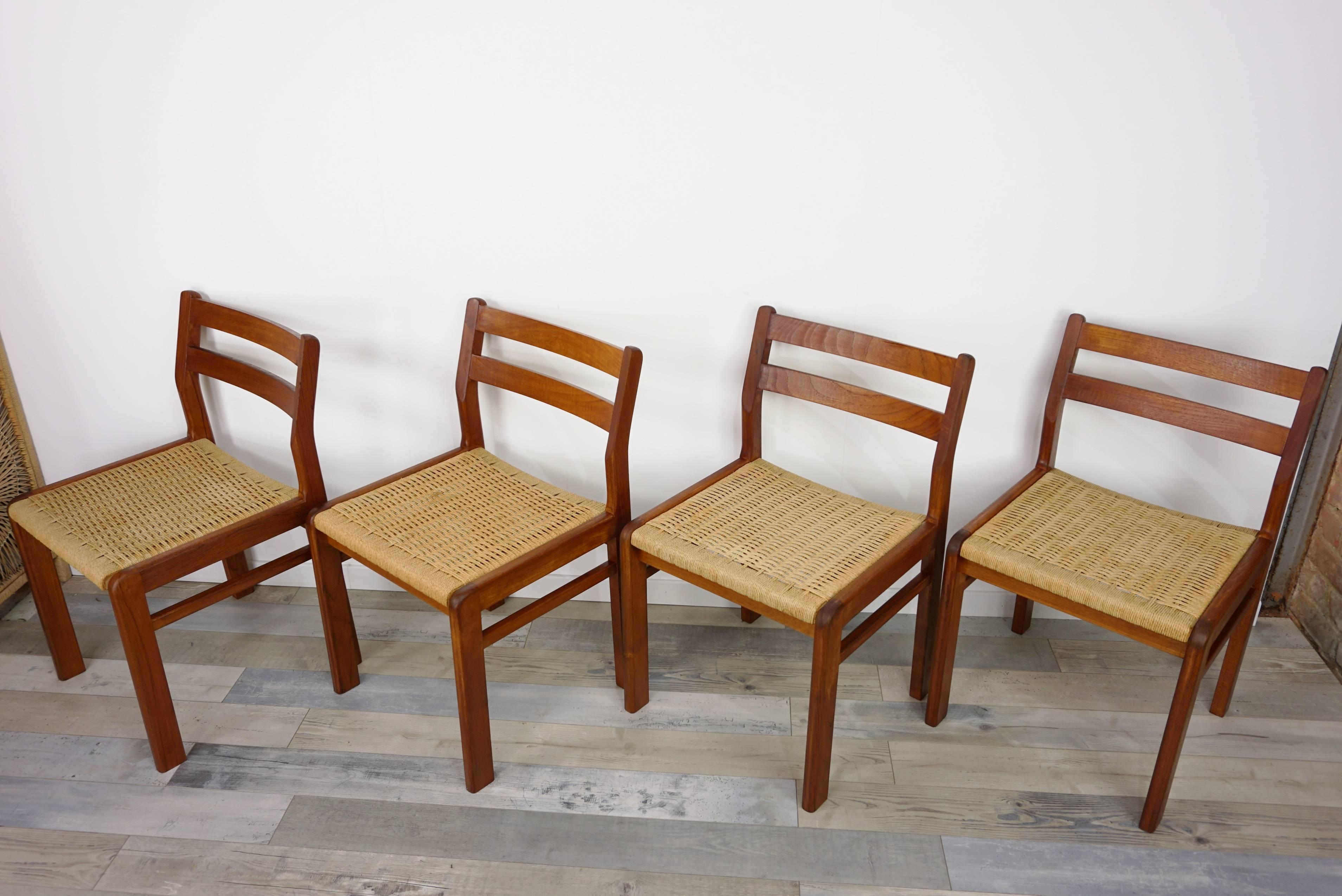 Set of Four Danish 1960s Design Wooden Teak and Rope Chairs 5