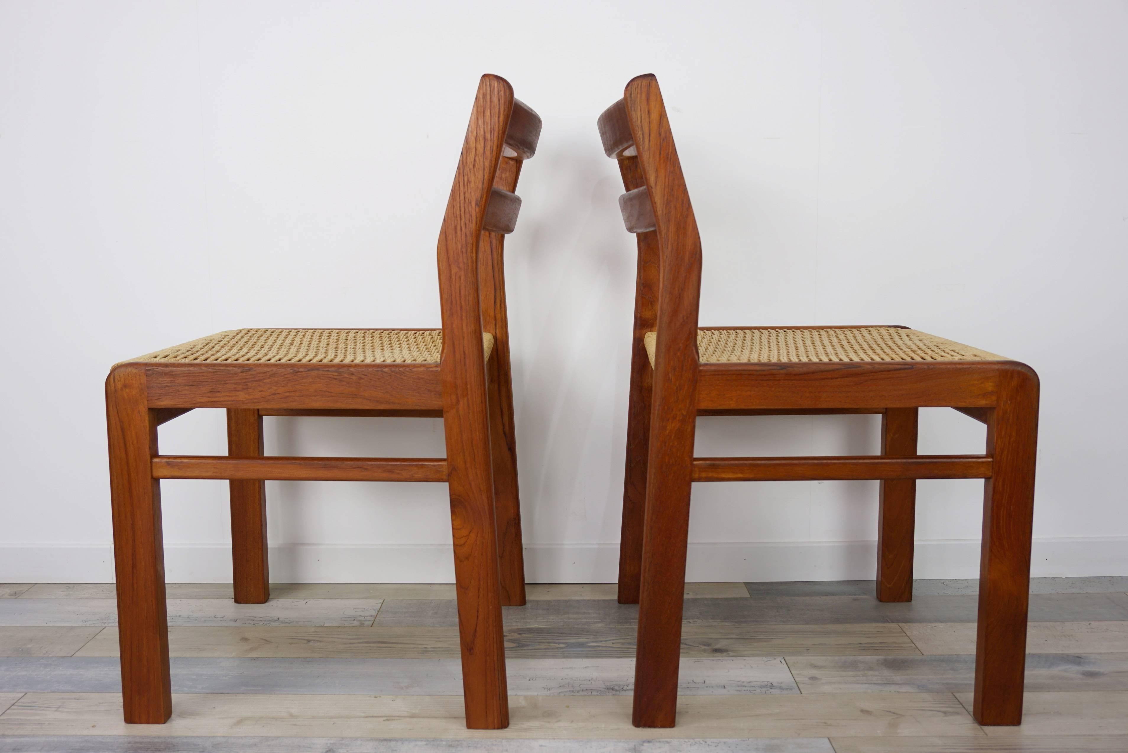 Set of Four Danish 1960s Design Wooden Teak and Rope Chairs 7
