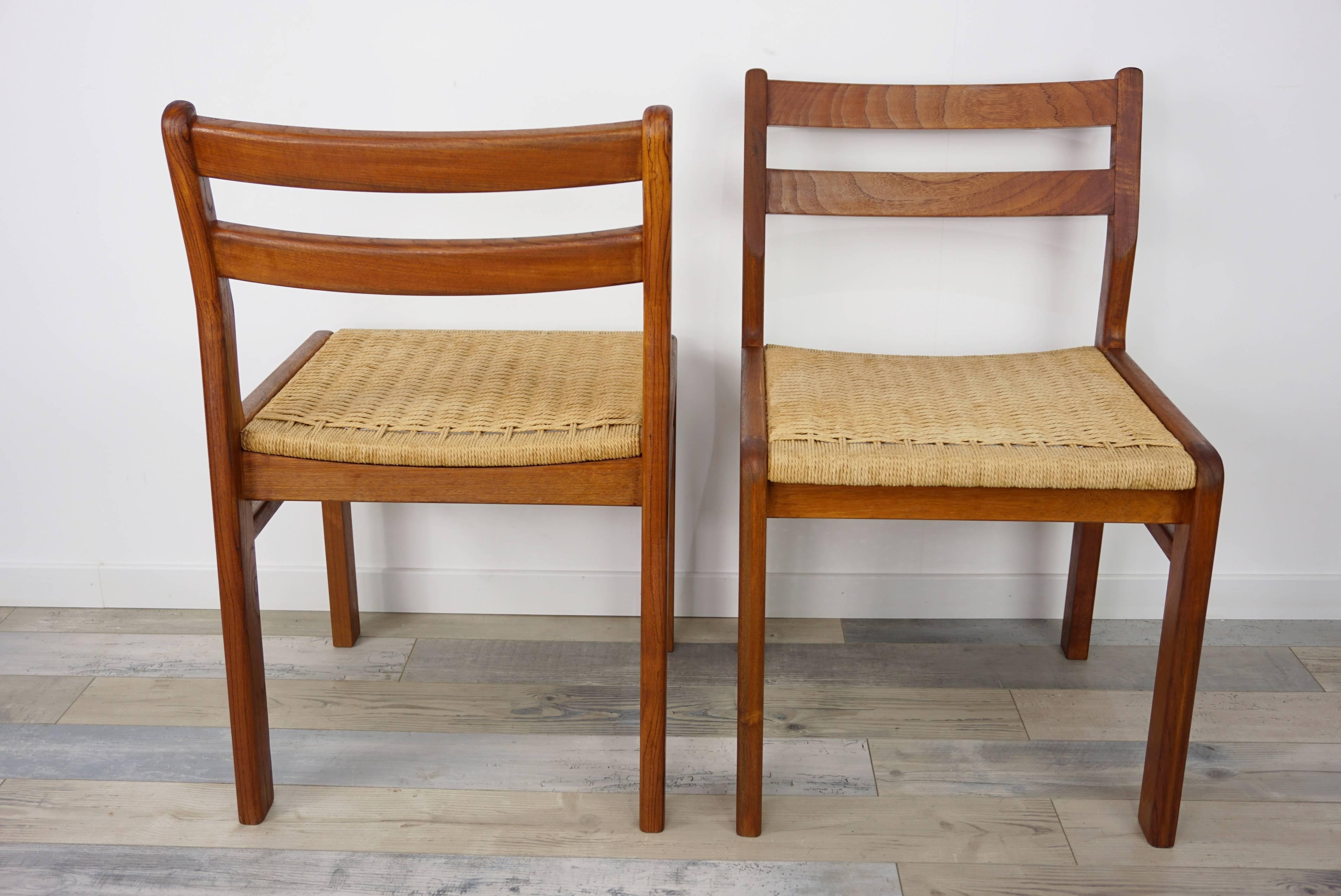 Set of Four Danish 1960s Design Wooden Teak and Rope Chairs 11
