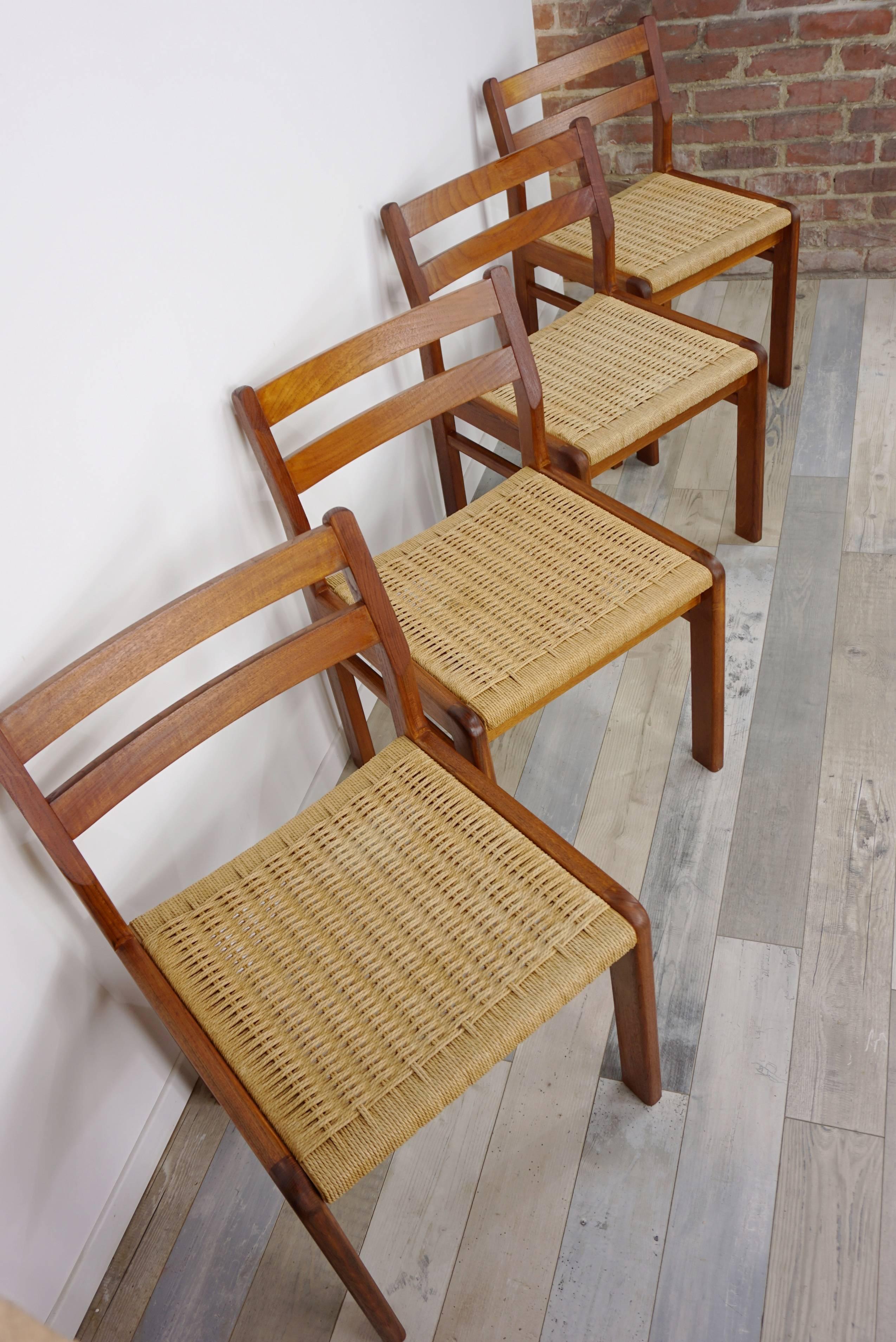 Set of Four Danish 1960s Design Wooden Teak and Rope Chairs 13