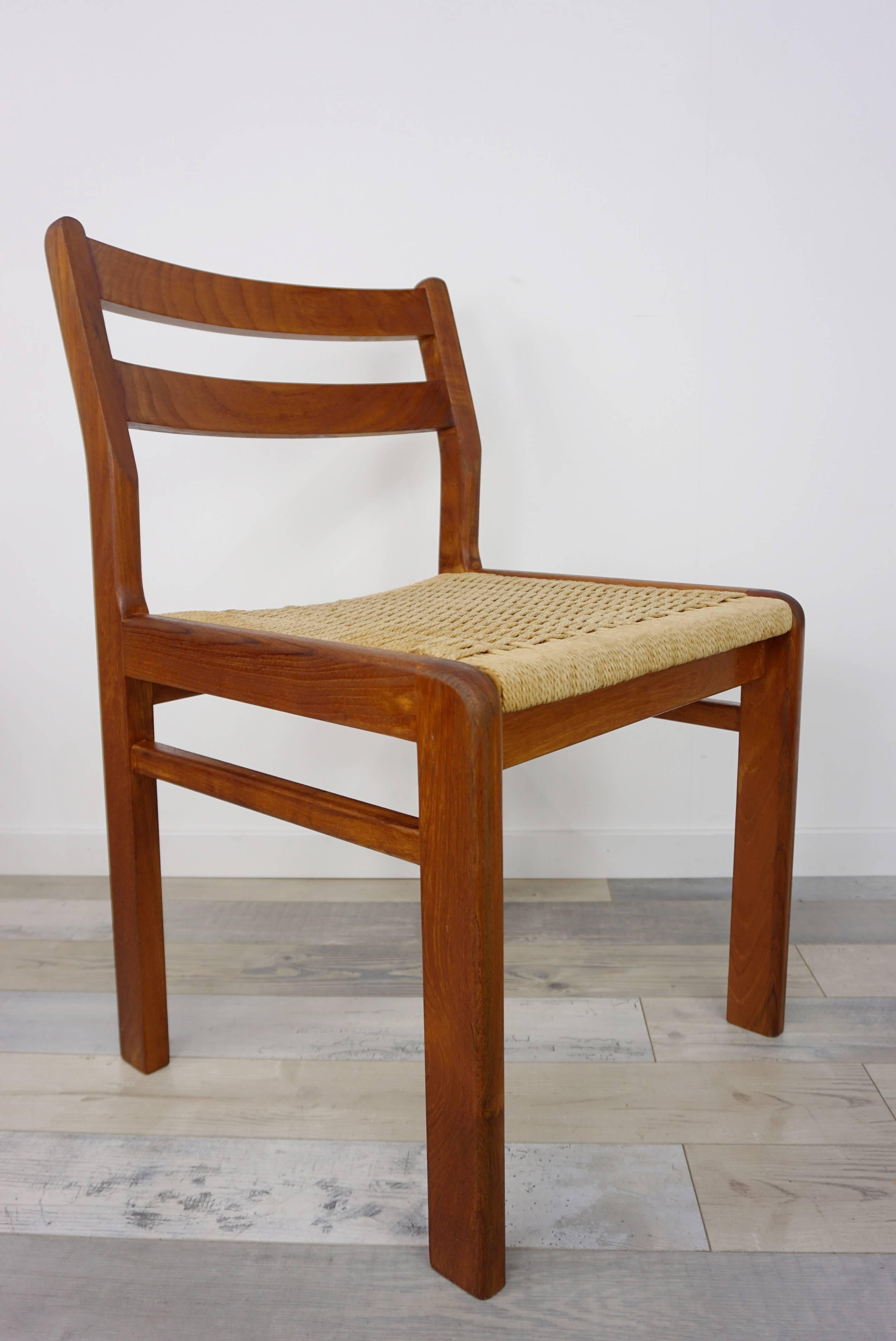 Set of four Danish 1960s design chairs with teak structure and woven rope seat, subtle work at the manner of Jorgen Henrik Moller for J.L Moller Furniture.
