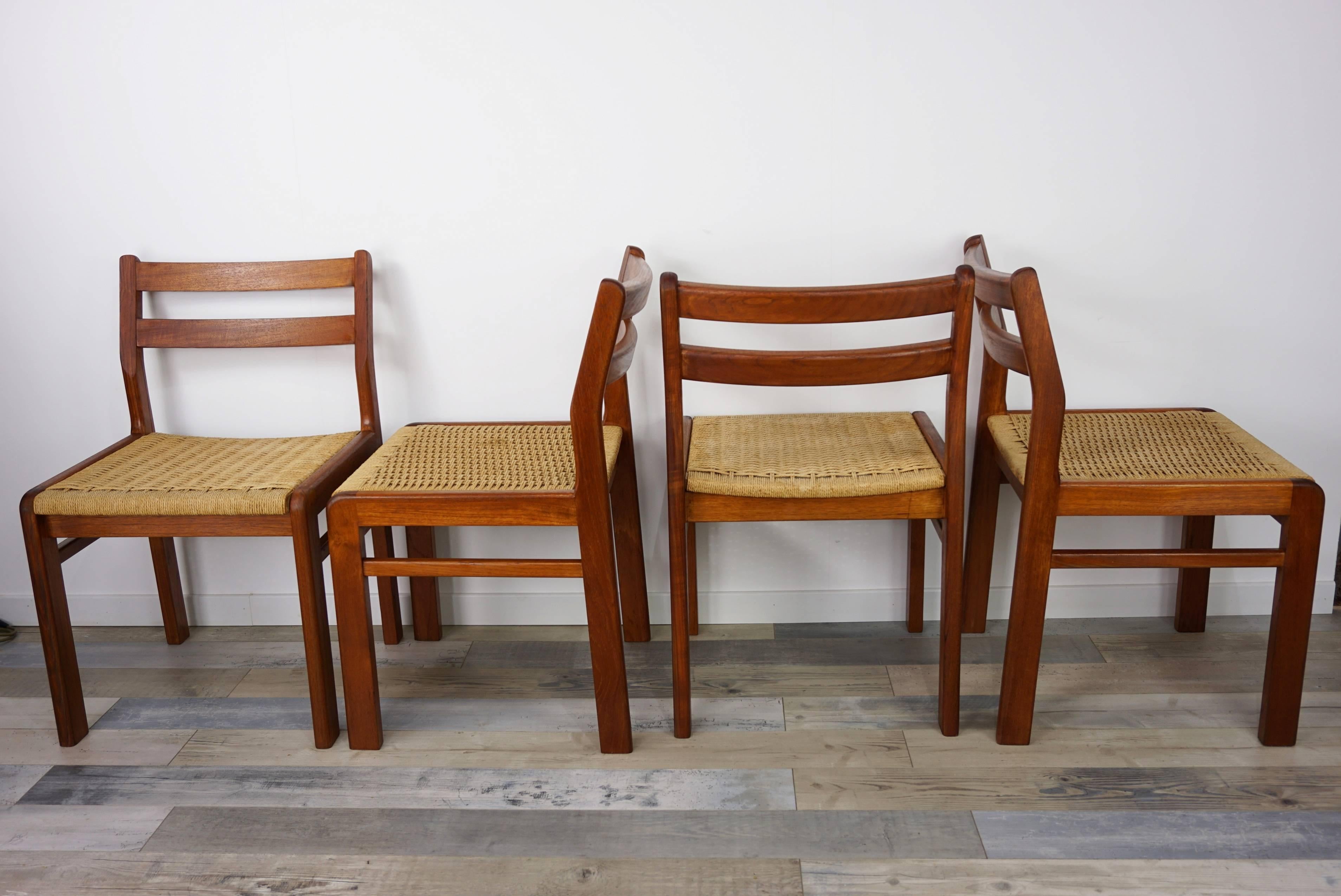 Scandinavian Modern Set of Four Danish 1960s Design Wooden Teak and Rope Chairs