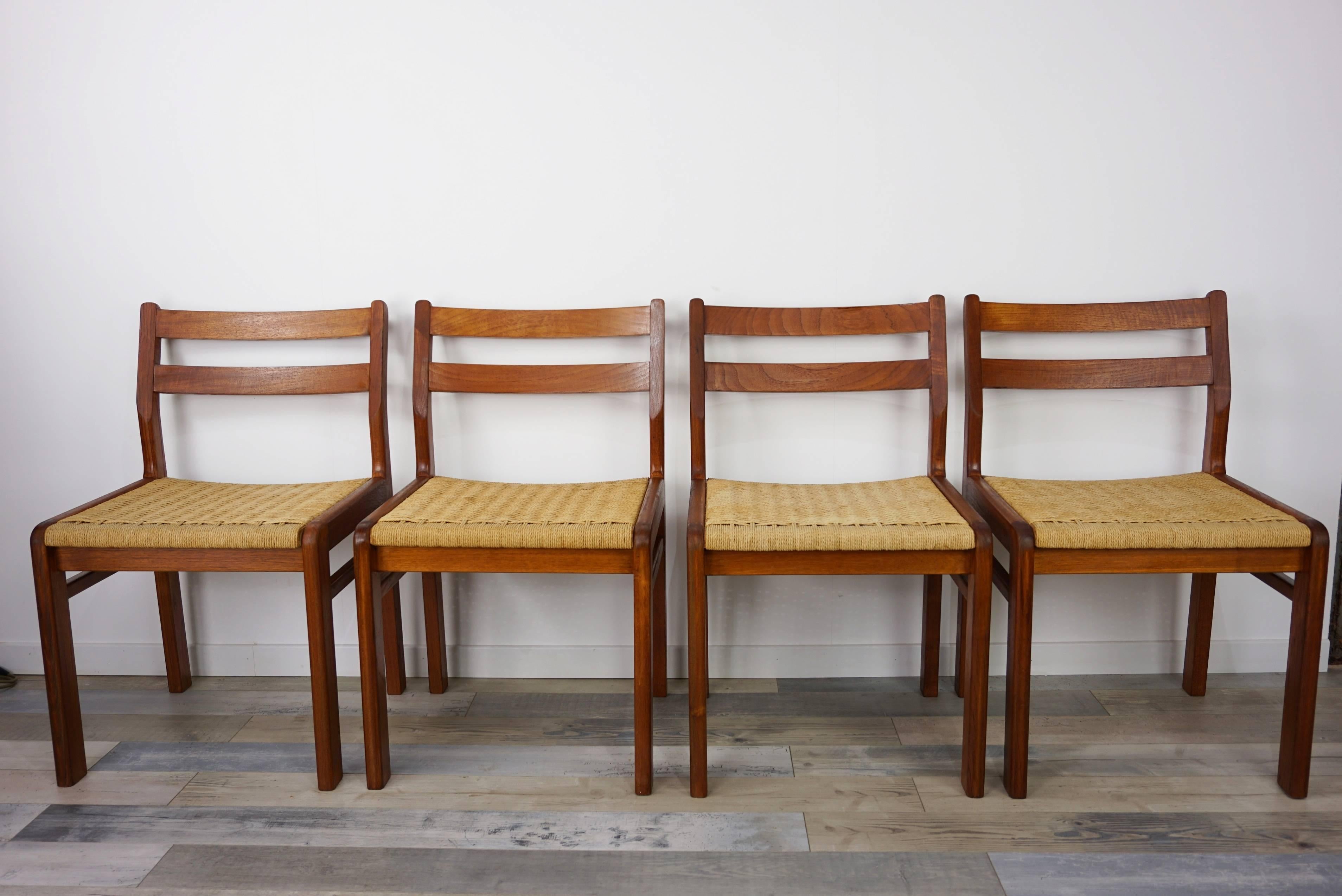 Set of Four Danish 1960s Design Wooden Teak and Rope Chairs 1