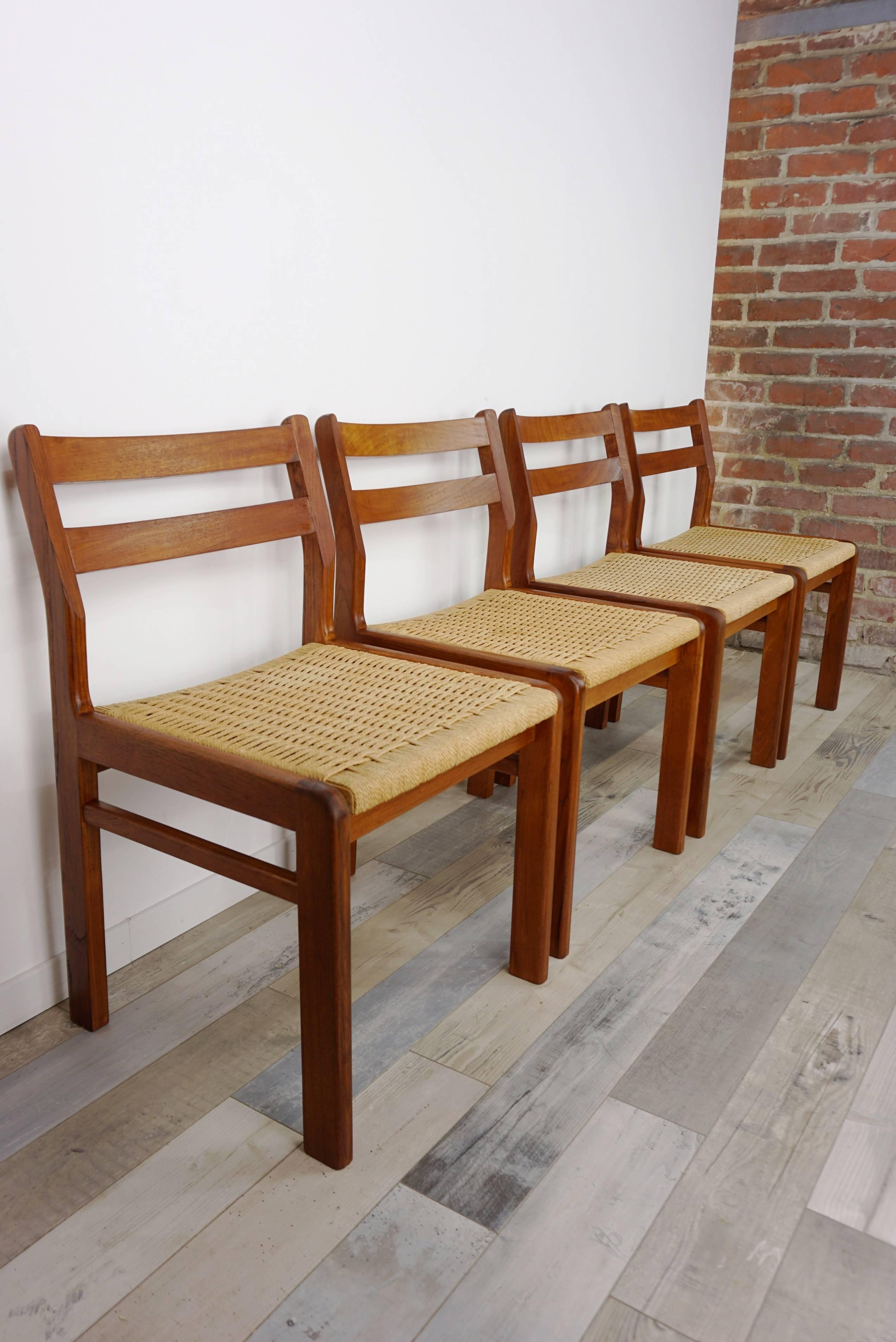Set of Four Danish 1960s Design Wooden Teak and Rope Chairs 3