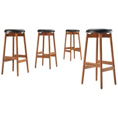 Set of Four Danish Bar Stools in Oak and Leather