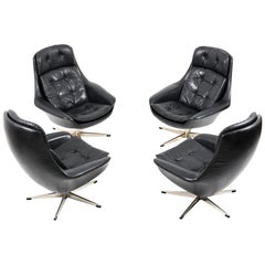 Set of Four Danish Black Leather Swivel Lounge Chair by H. W. Klein