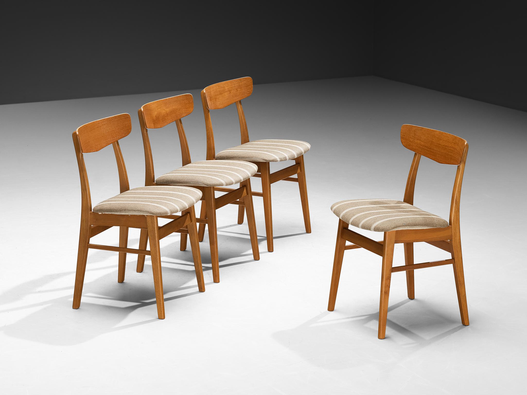 Esstischstühle, Stoff, Buche, Dänemark, 1960er Jahre

Diese gut gearbeiteten dänischen Esszimmerstühle fangen die Essenz des Designs der 1960er Jahre ein, mit einer Konstruktion und Ästhetik, die eng mit der Tradition von Hans J. Wegner verbunden