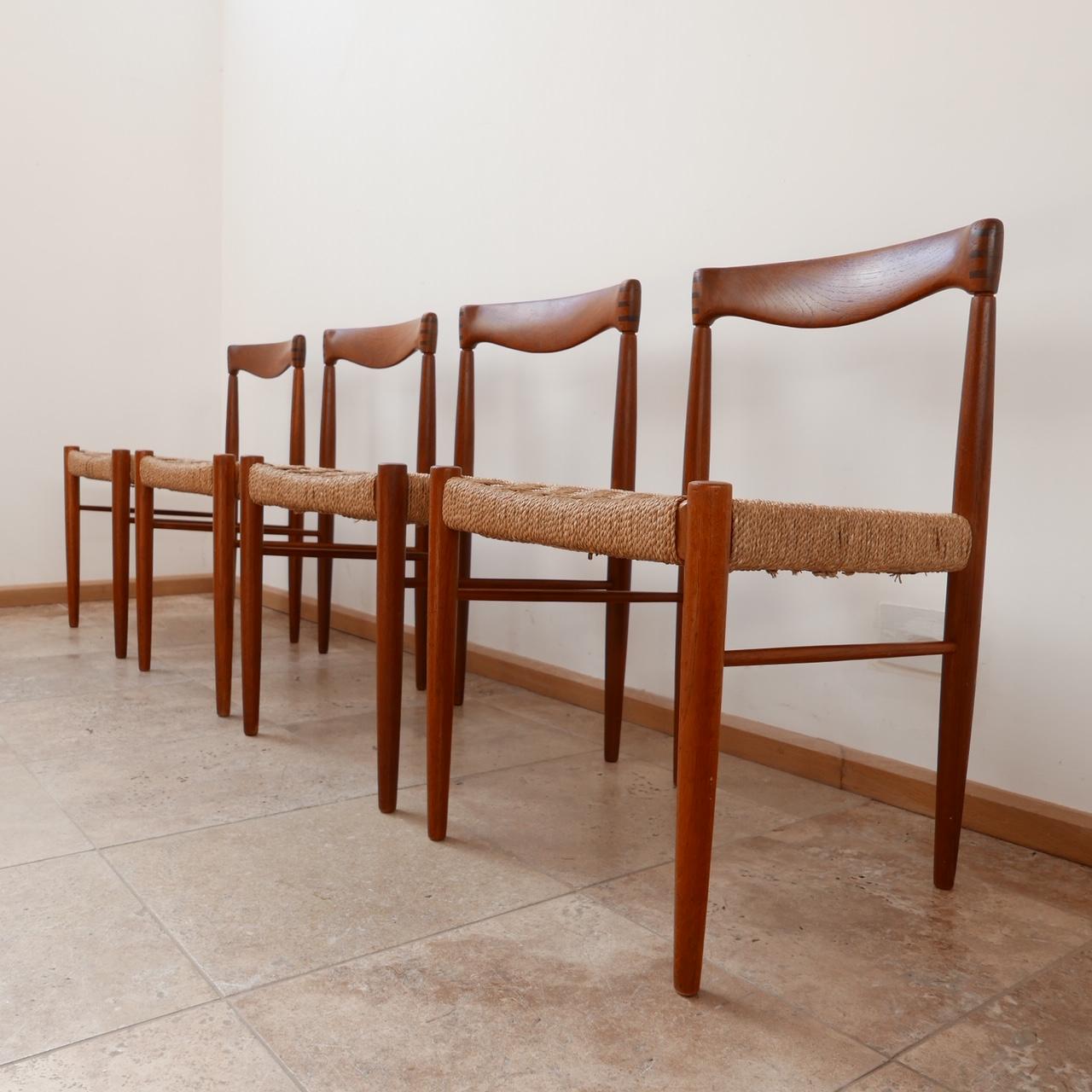 A set of four dining chairs by W.H. Klein for Bramin. 

Denmark, c1960s. 

Teak and woven cord. 

Good condition. 

Dimensions: 49 W x 46 D x 45 seat height x 75 total height in cm. 

Delivery: POA.

 