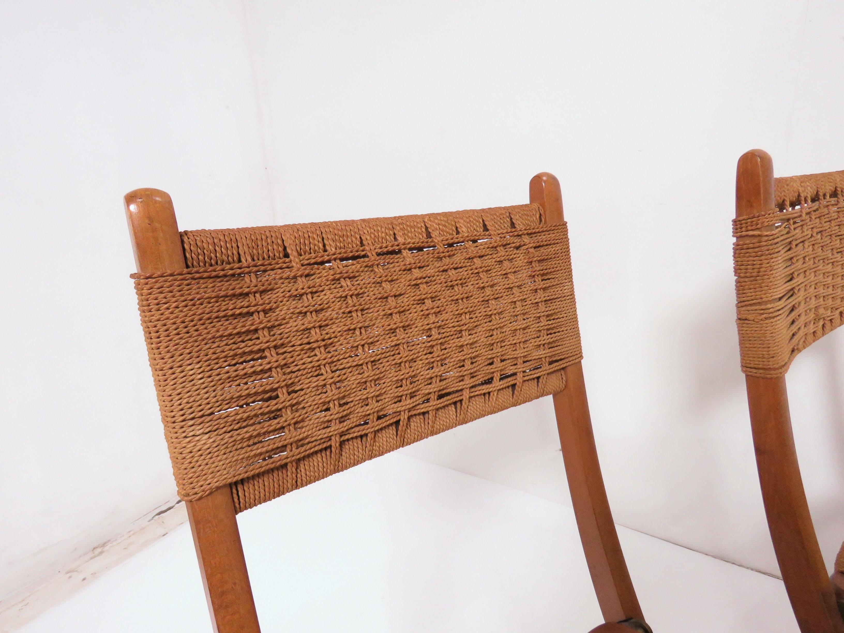 Set of Four Danish Modern Folding Teak and Rope Dining Side Chairs, circa 1960s 4