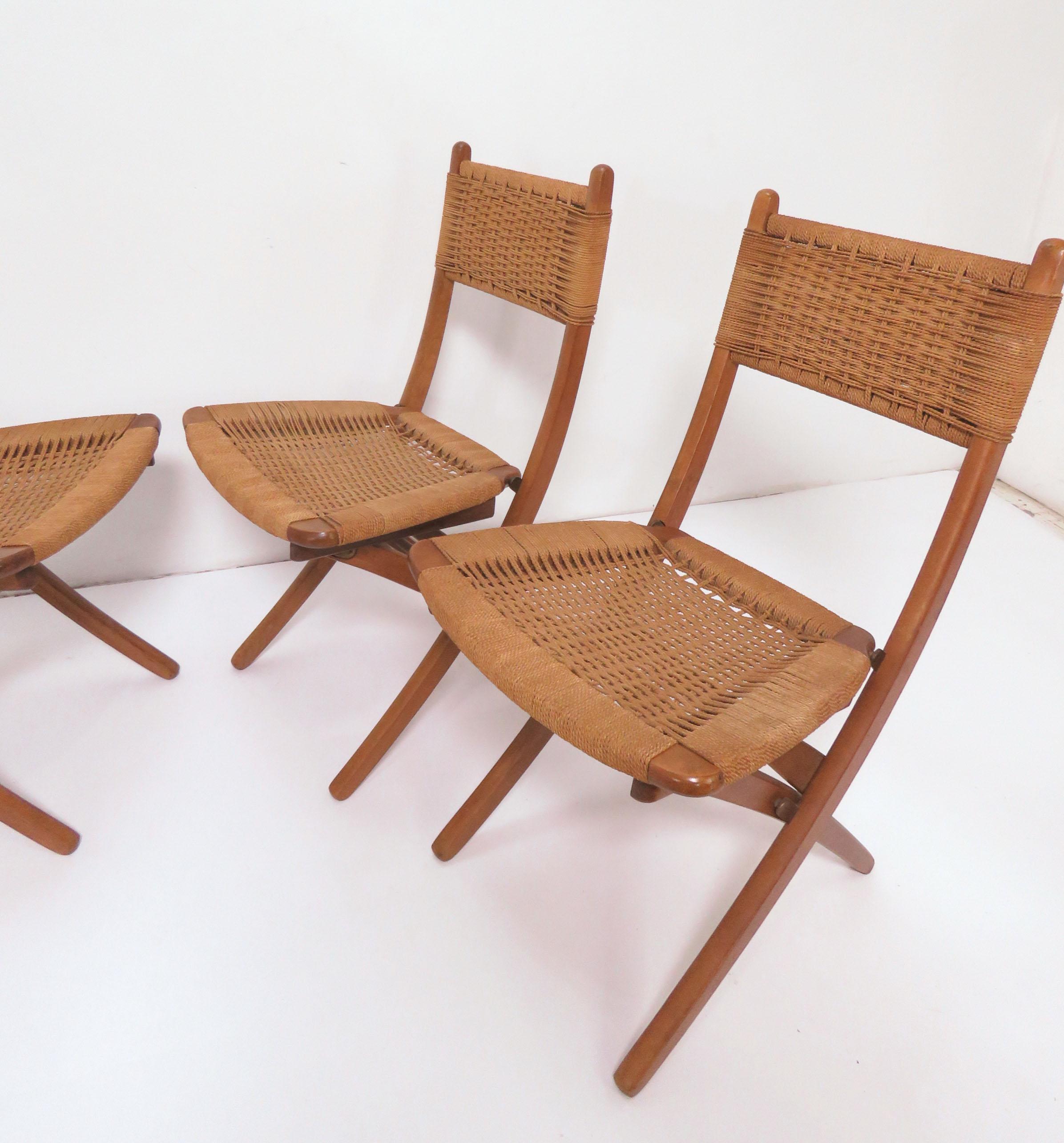 Mid-Century Modern Set of Four Danish Modern Folding Teak and Rope Dining Side Chairs, circa 1960s