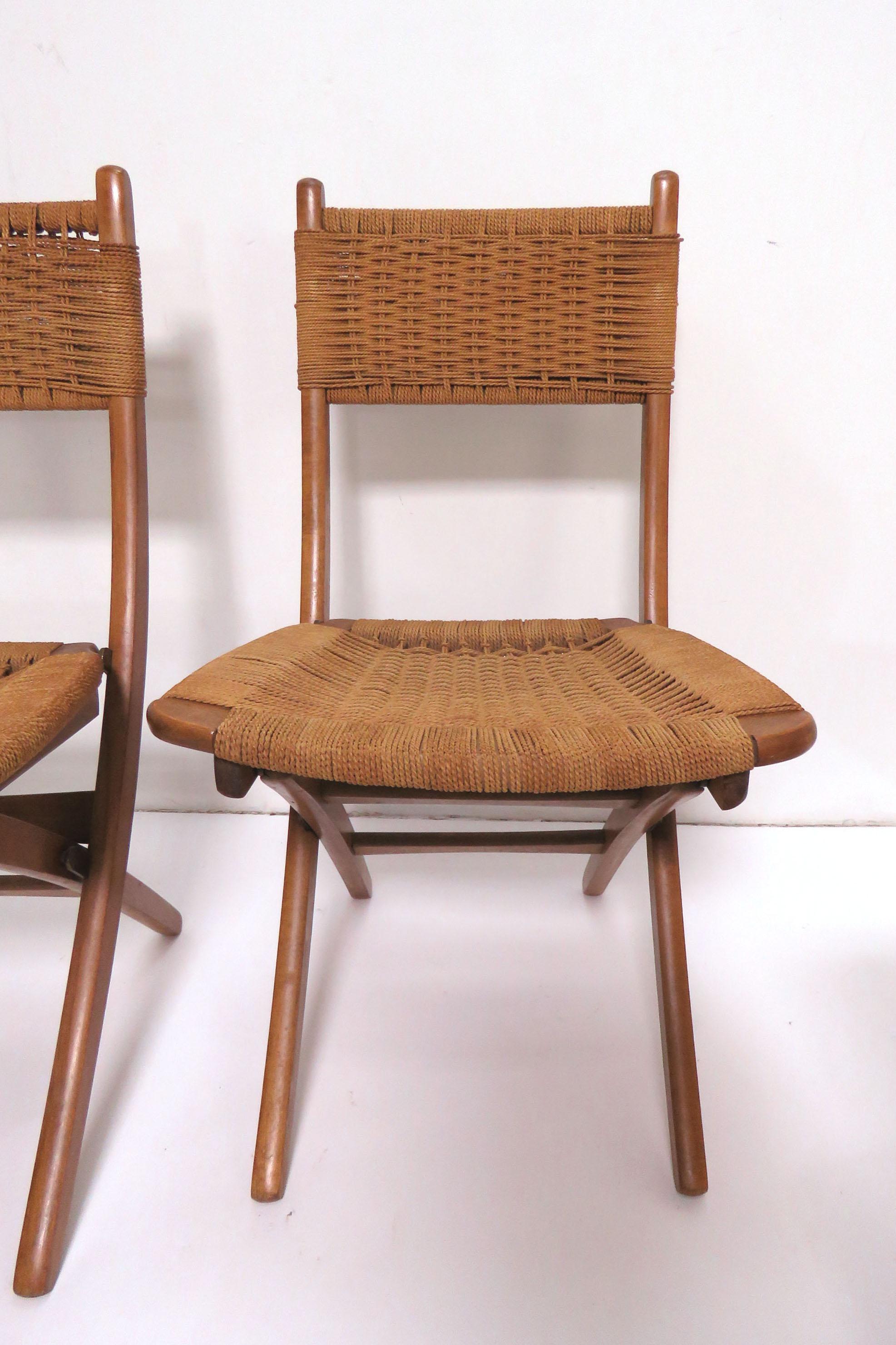Mid-20th Century Set of Four Danish Modern Folding Teak and Rope Dining Side Chairs, circa 1960s