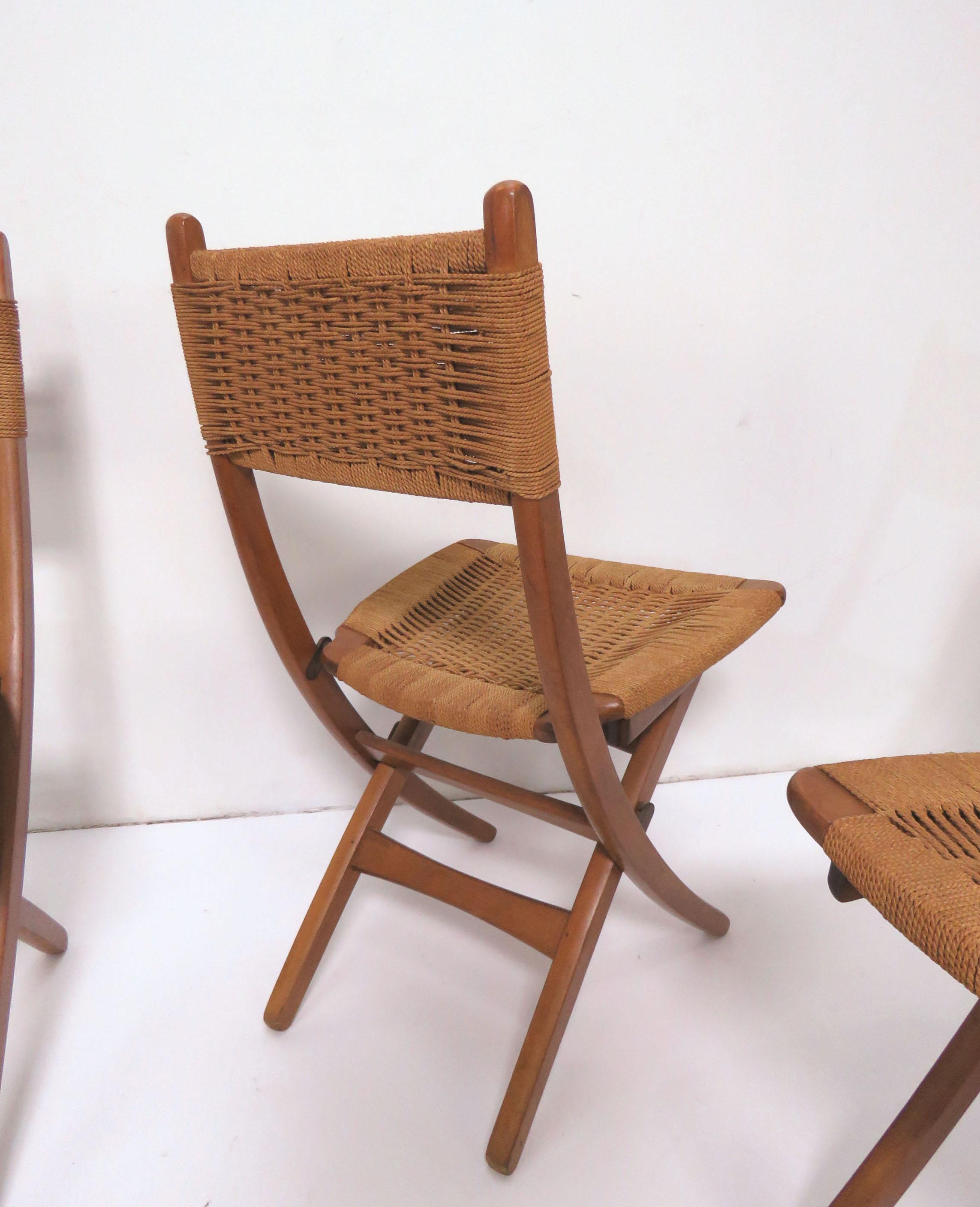 Set of Four Danish Modern Folding Teak and Rope Dining Side Chairs, circa 1960s 1