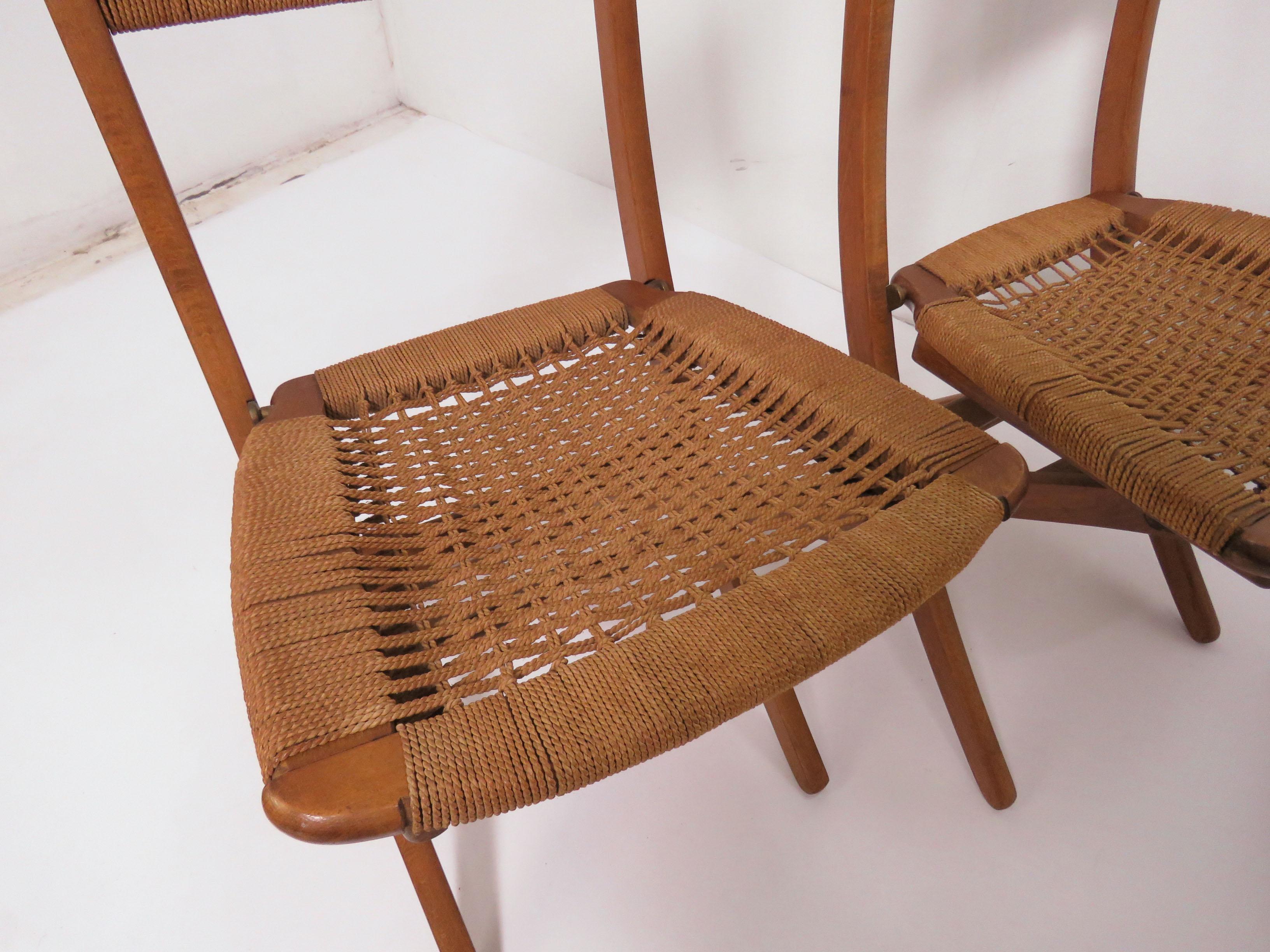Set of Four Danish Modern Folding Teak and Rope Dining Side Chairs, circa 1960s 3