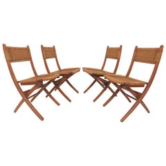 Set of Four Danish Modern Folding Teak and Rope Dining Side Chairs, circa 1960s