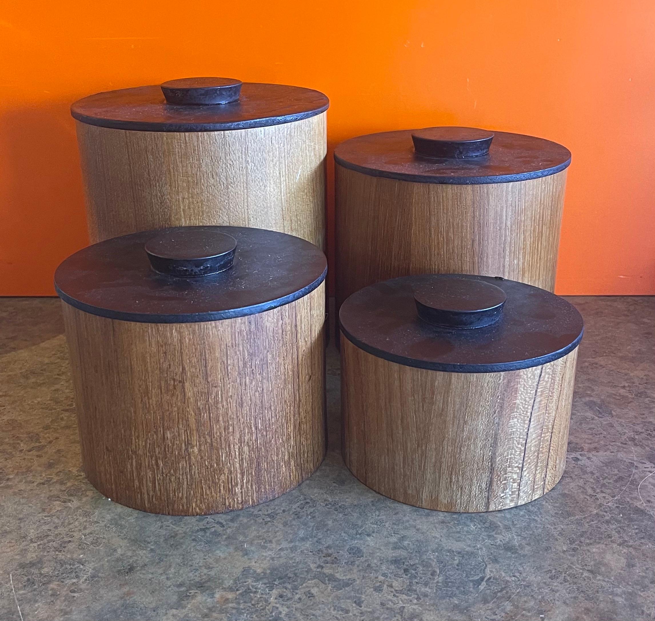 Set of Four Danish Modern Teak Stackable Storage Cannisters In Good Condition For Sale In San Diego, CA