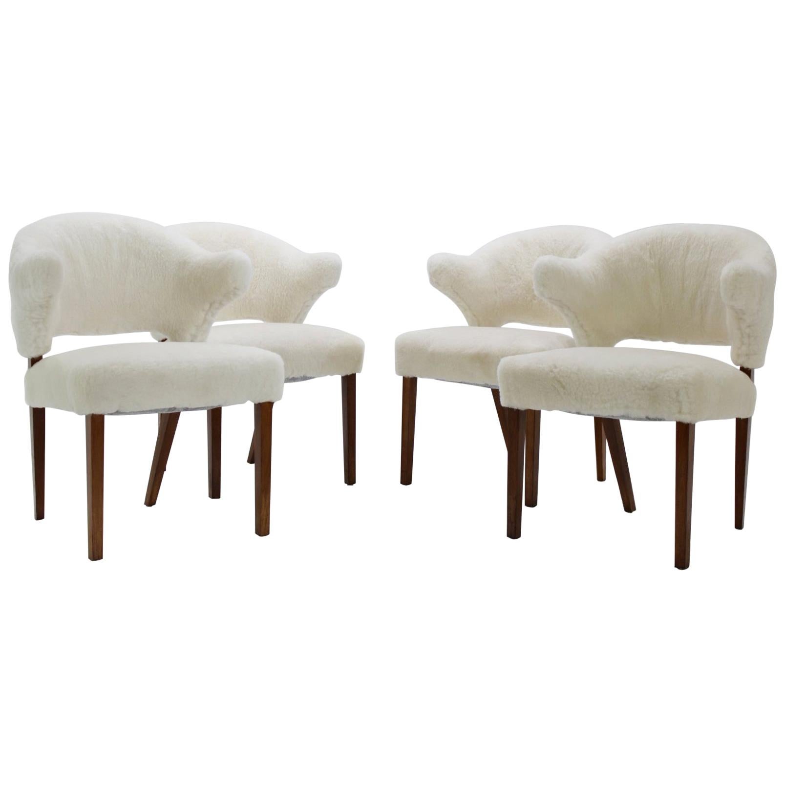 Set of Four Danish Oak Armchairs with Sheepskin Upholstery, 1960s