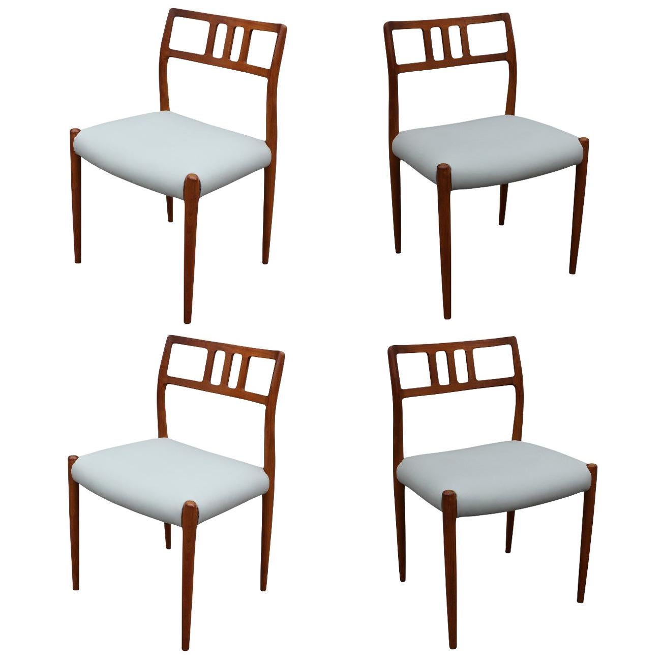 Set of Four Danish Teak Dining Chairs # 79 by J L Moller With Spinneybeck Seats