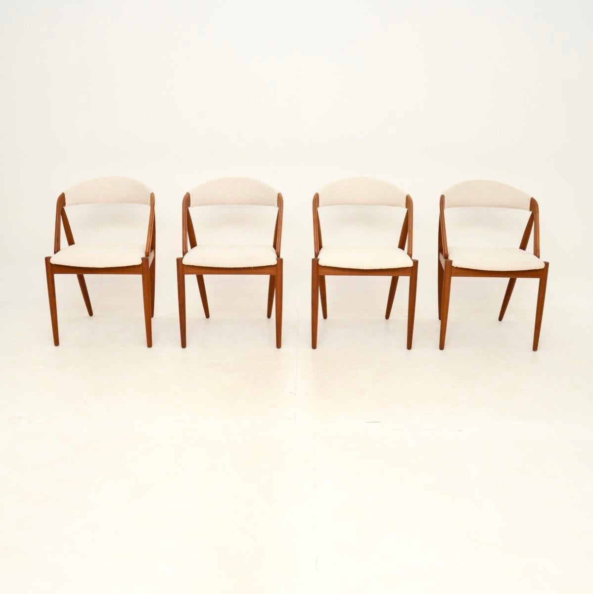 A wonderful and iconic set of four Danish teak model 31 dining chairs by Kai Kristiansen. They were made in Denmark by Schou Andersen, they date from the 1960’s.

They are of superb quality and have a stunning design. The solid teak frames have