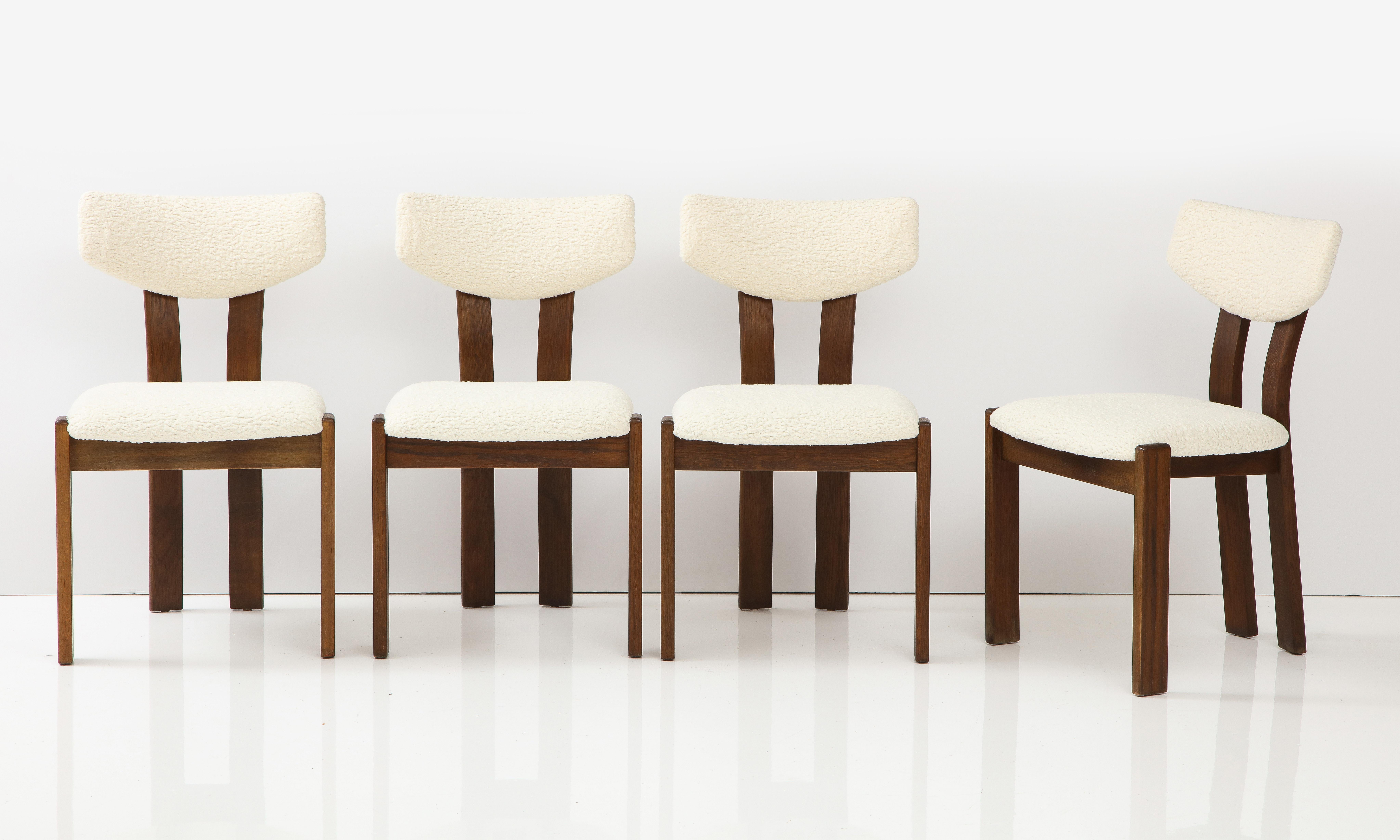 Mid-Century Modern Set of Four Danish Teak Sculpted Upholstered Dining Chairs, Denmark circa 1950