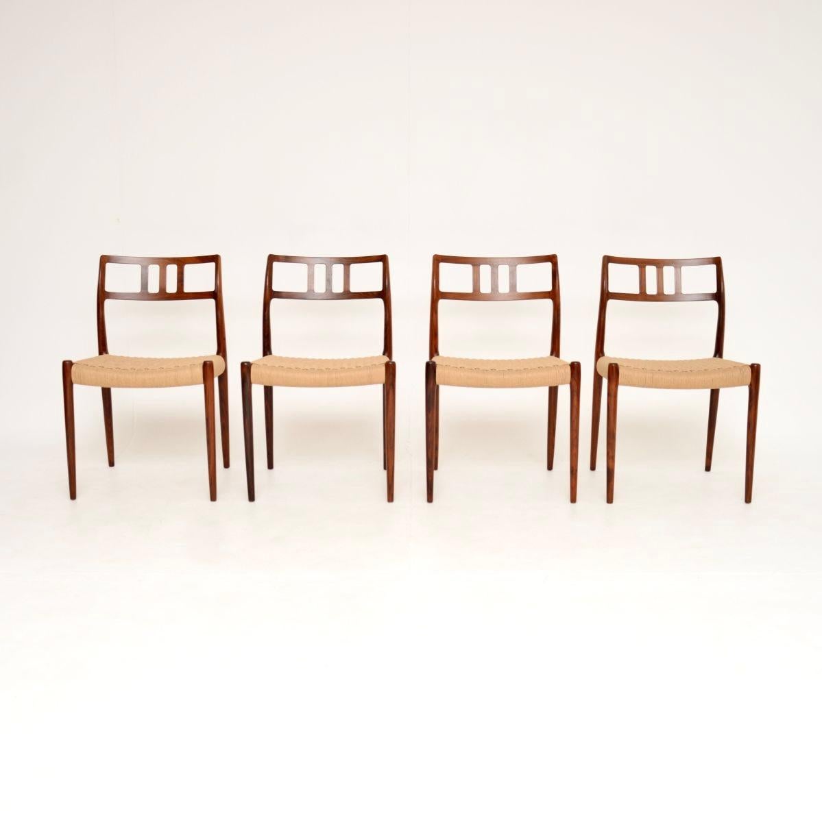 An incredibly stylish and iconic set of four Danish vintage model 79 chairs by Niels Moller. They were originally designed in 1951, this set dates from around the 1960’s.

The frames are beautifully hand crafted, with a sculptural and comfortable