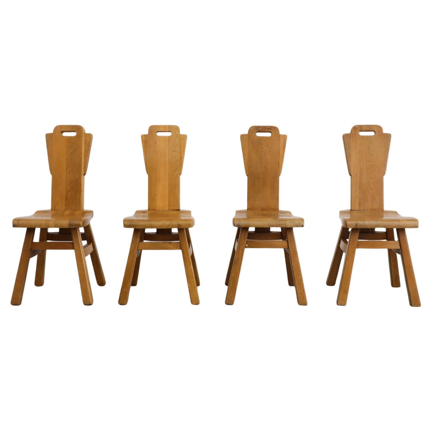Set of  Four De Puydt Style Brutalist High Back Oak Dining Chairs