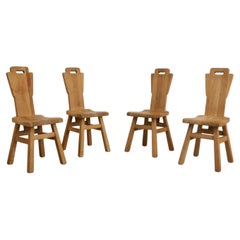Set of Four De Puydt Style Brutalist High Back Oak Dining Chairs