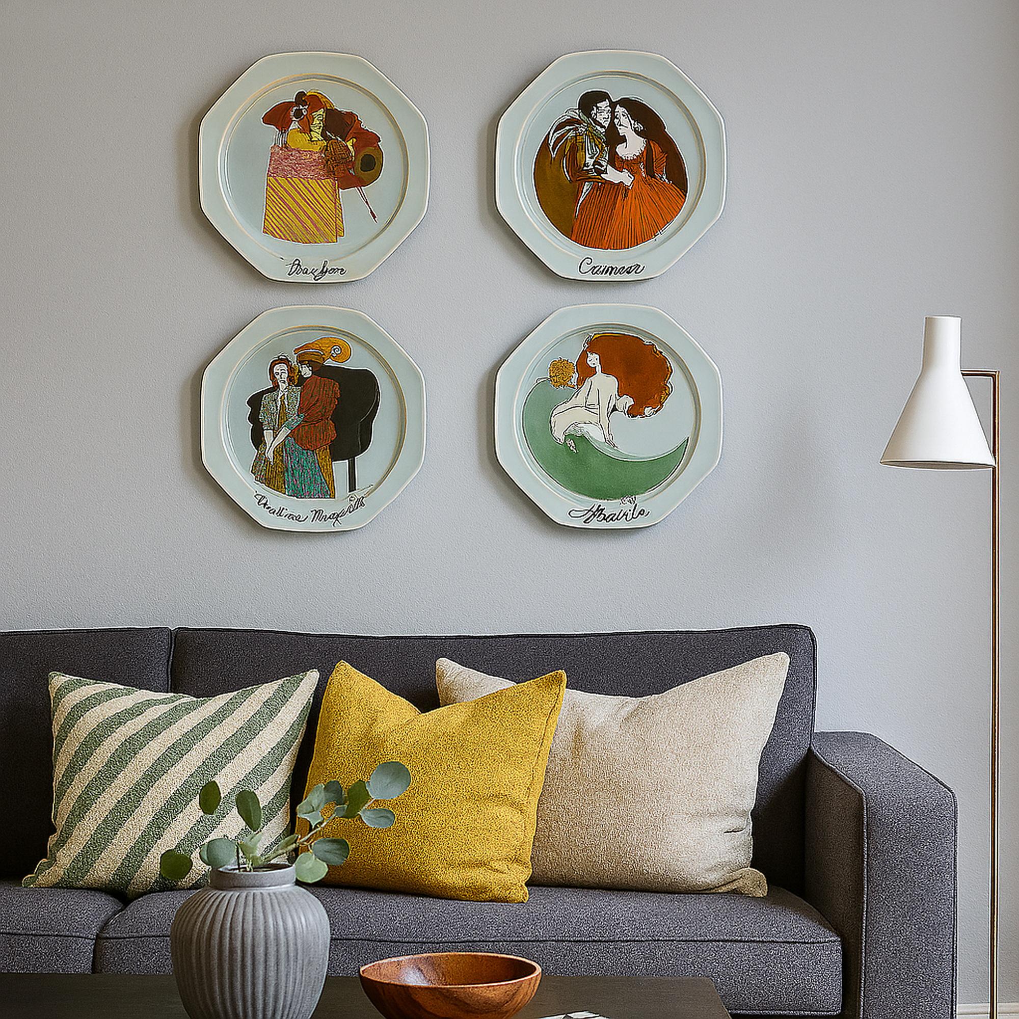 A captivating set of four ceramic plates designed by renowned Swedish artist Åke Arenhill and produced by Höganäs Keramik in the mid-20th century. 
- Diameter: 25 cm (9.8 inches)
- Markings: Signed on reverse
Each plate features a stylized portrait