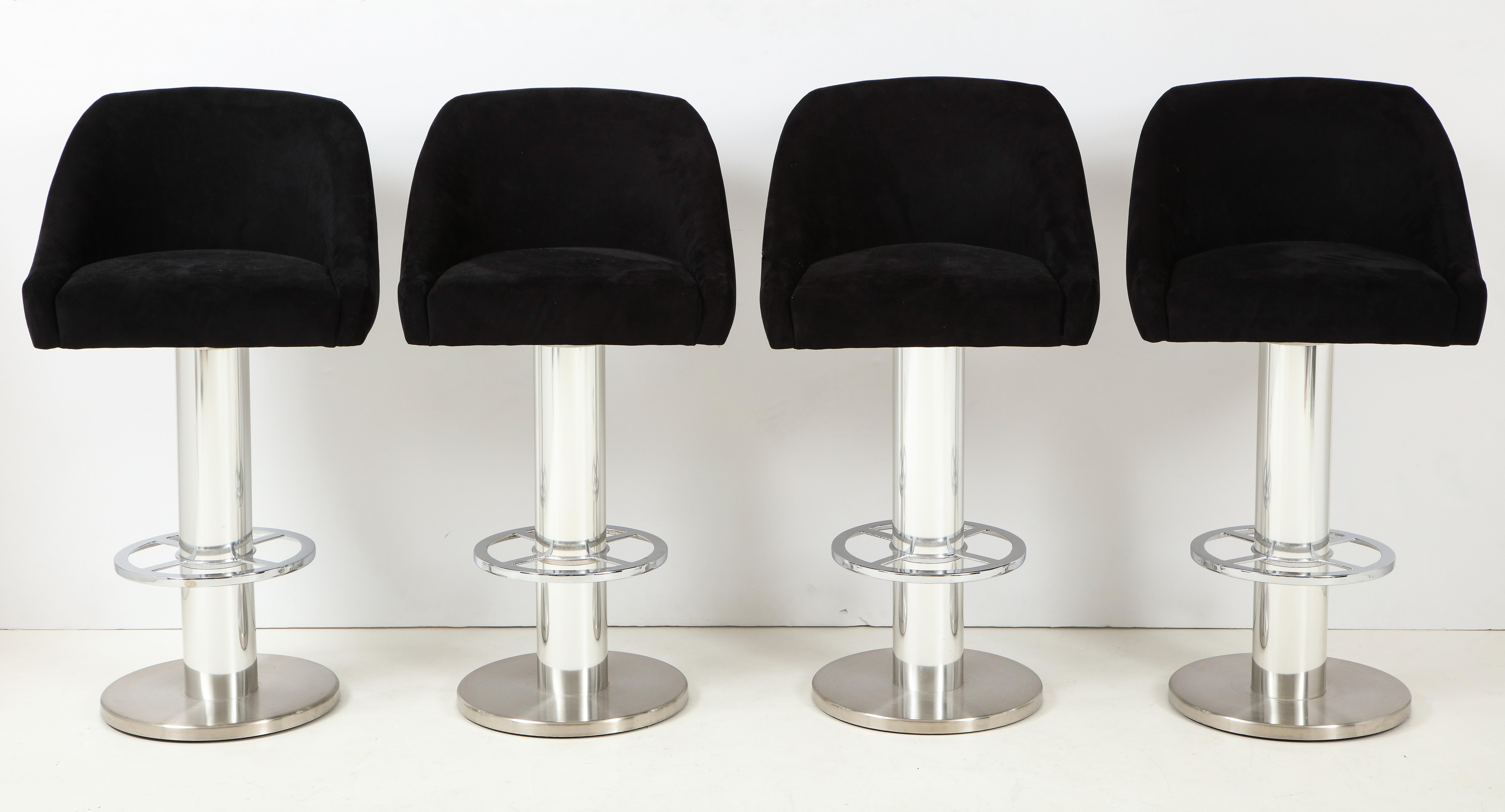Mid-Century Modern Set of Four Design For Leisure Barstools in Chrome and Ultrasuede
