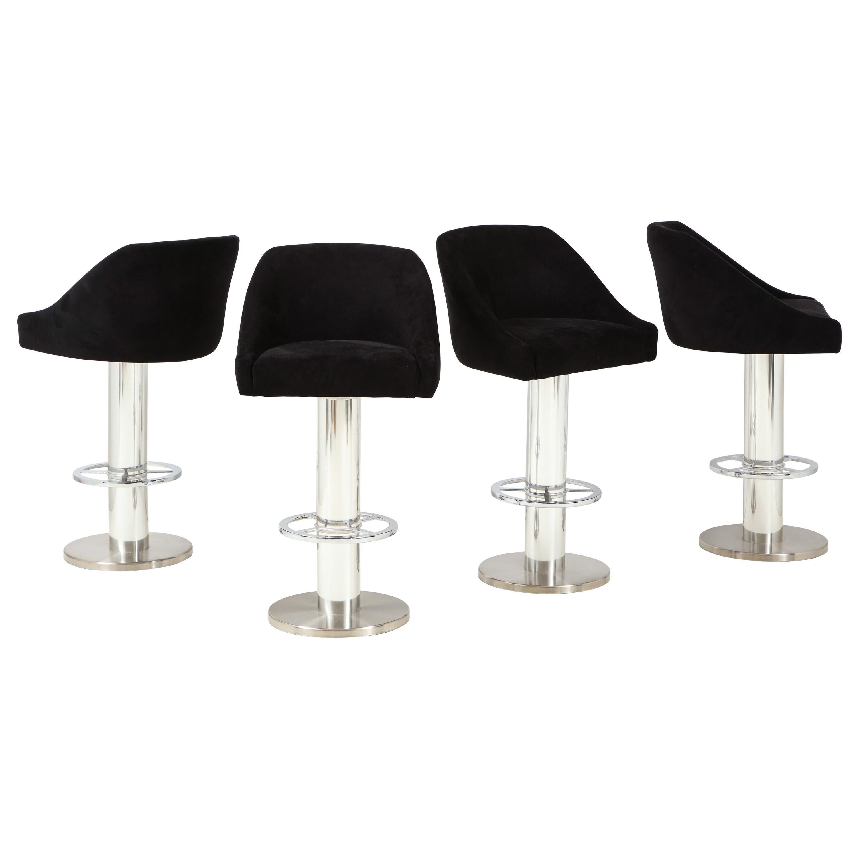 Set of Four Design For Leisure Barstools in Chrome and Ultrasuede