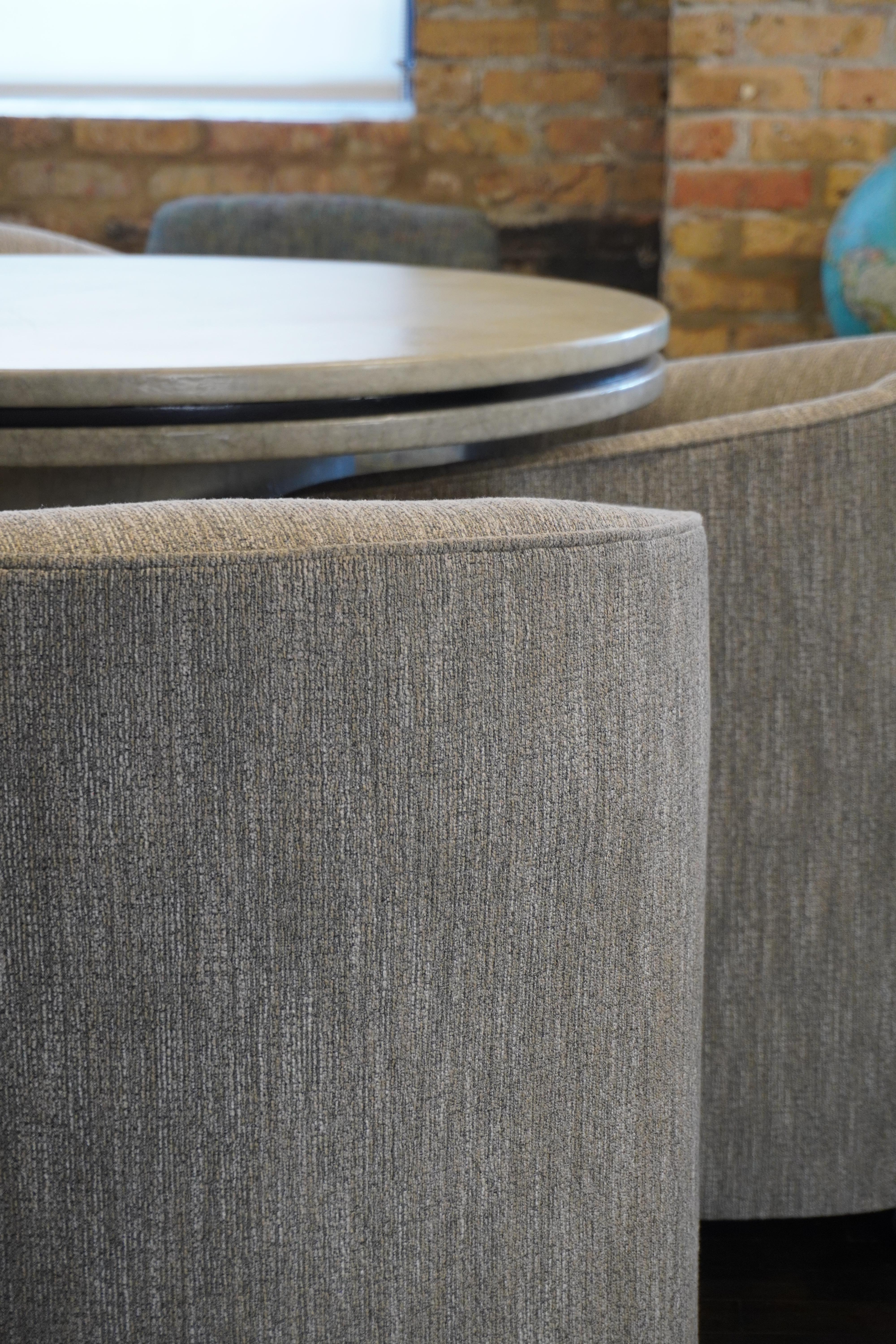Set of Four Designer Mid-Century Upholstered Barrel Back DiningChairs on Castors For Sale 2