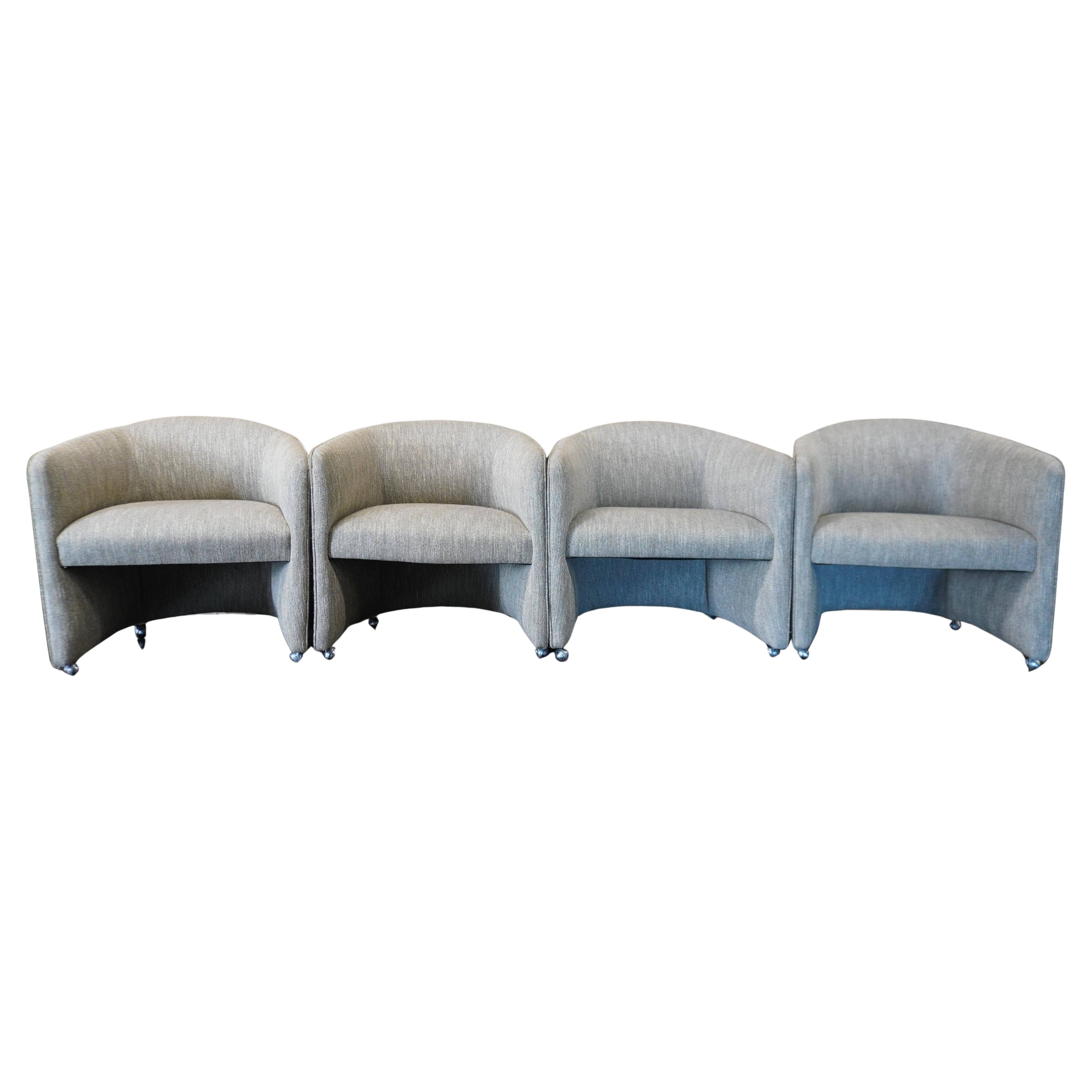 Set of Four Designer Mid-Century Upholstered Barrel Back Chairs on Castors