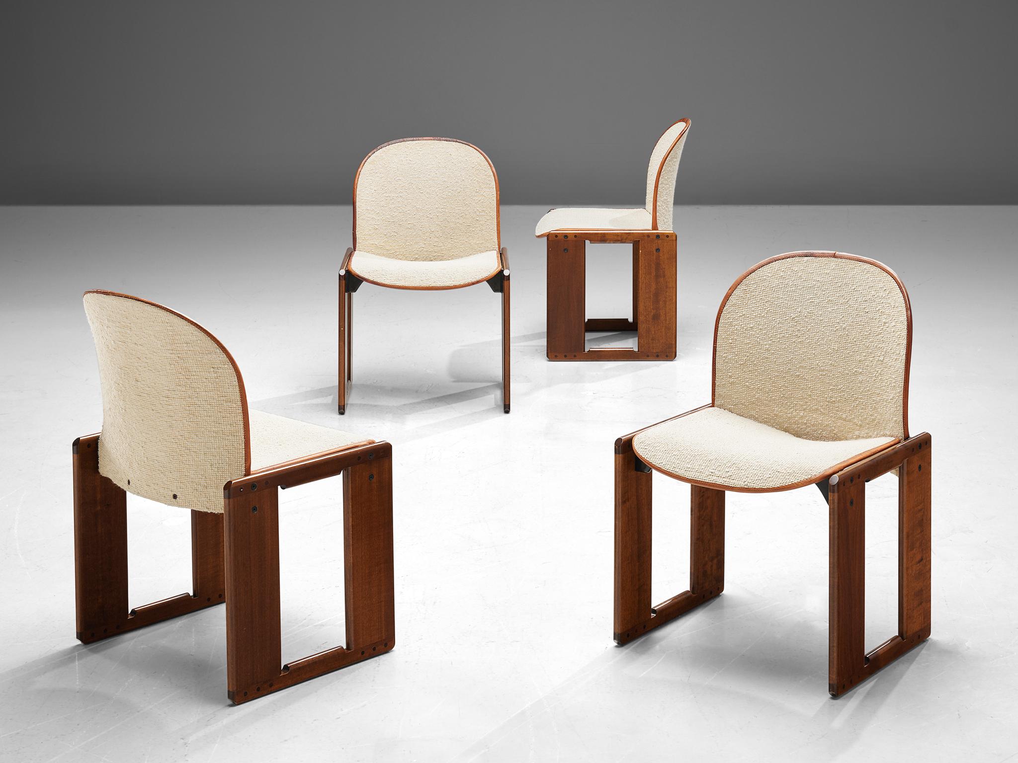 Afra and Tobia Scarpa for B&B Italia, set of four 'Dialogo' dining chairs, walnut, fabric and leather, Italy, 1974.

This set of four dining chairs is both slender and firm at the same time. The seat and back are covered in fabric and quite thin