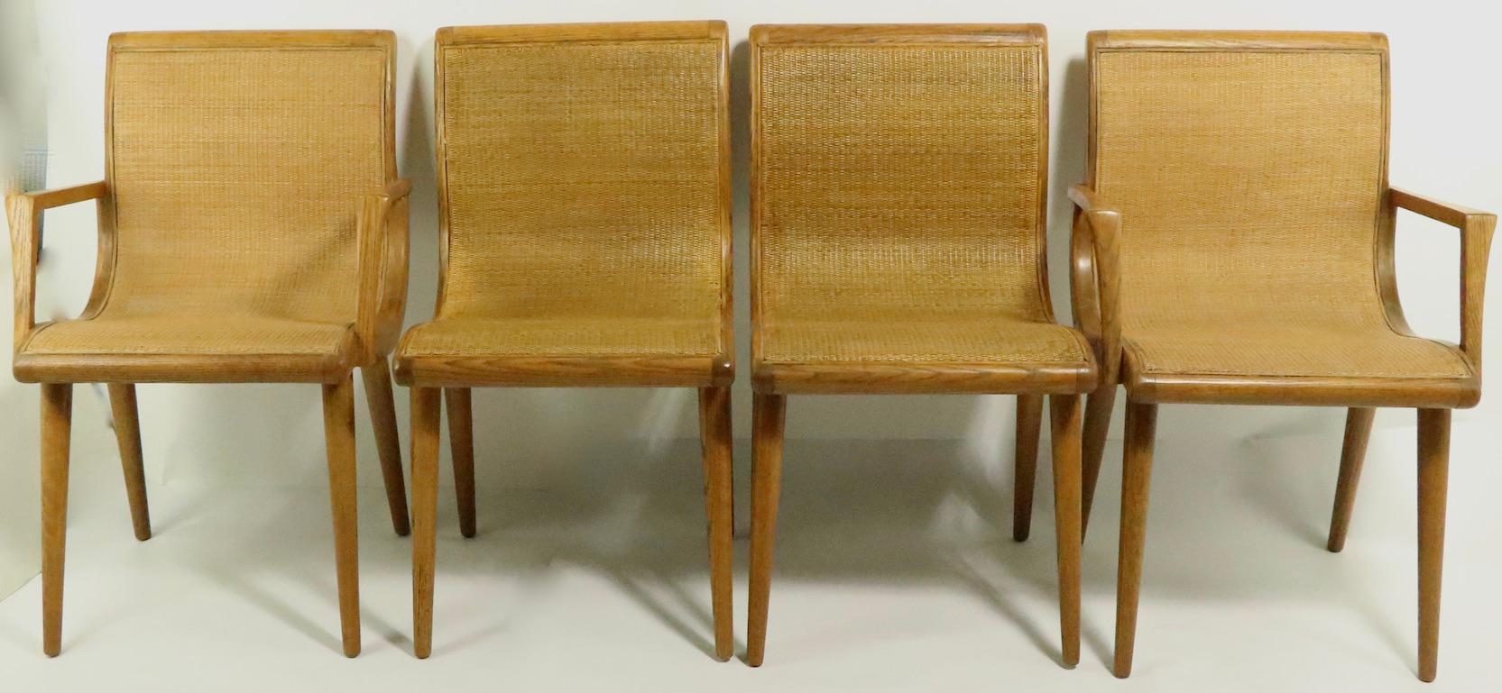 Stylish midcentury set of four dining chairs, designed by Jack Van der Molen for the Jamestown Lounge Company, as part of the Classic Americana Casual series. This set consists of 2 arm, and 2 armless chairs, all are in very good, original