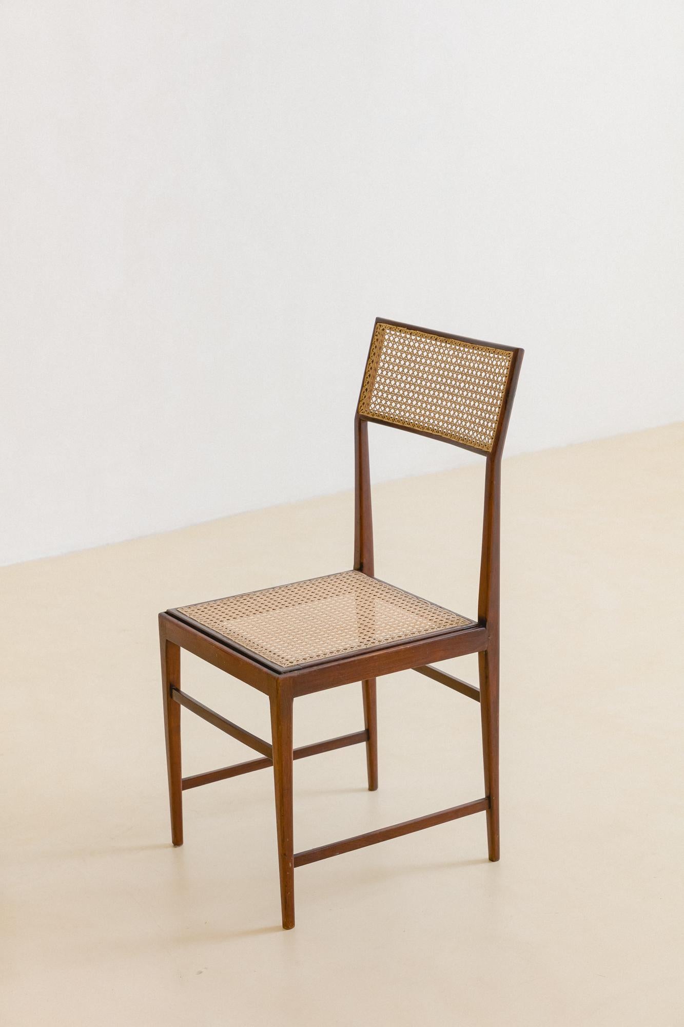 These exquisitely crafted dining chairs designed in the 1950s by Joaquim Tenreiro (1906-1992), known as the “father” of Brazilian modernism, are composed of solid Rosewood structures, with seats and angled backrests in cane.

The artist and