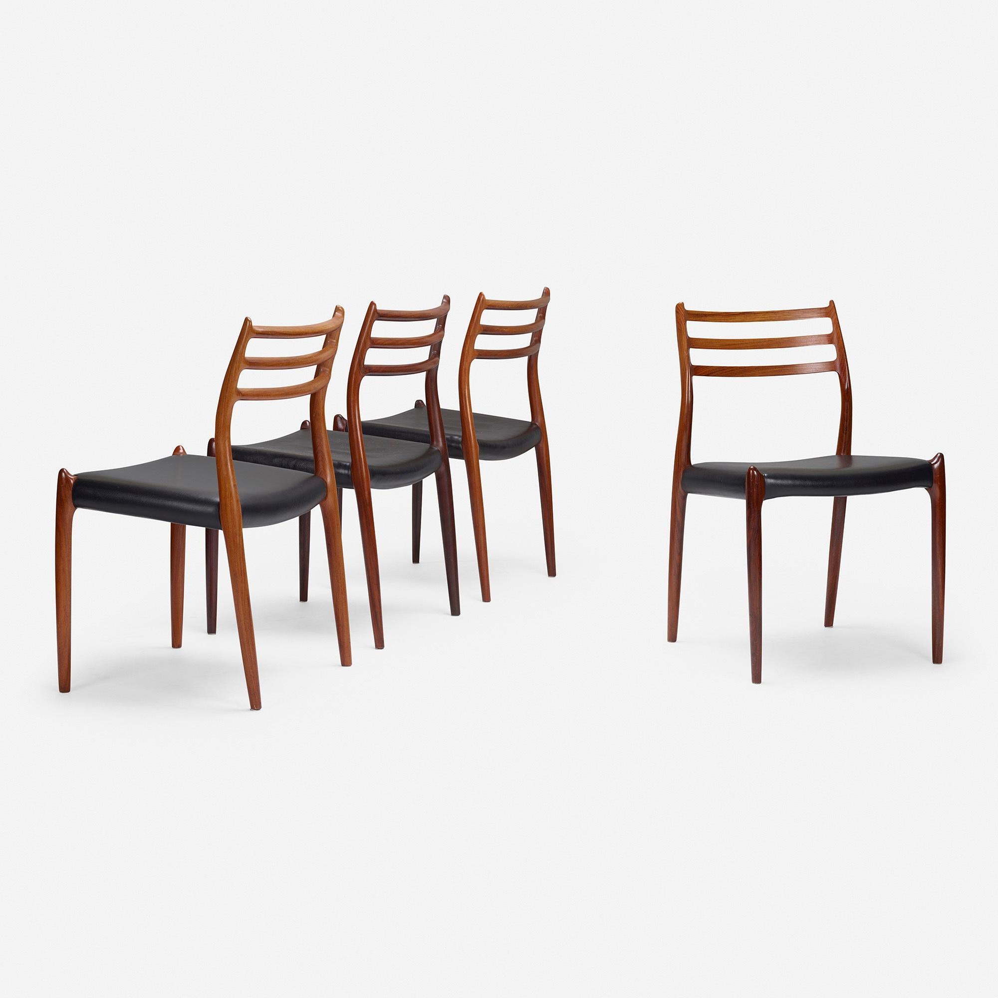 Set off four dining chairs by Niels O. Møller

Impressed manufacturer's mark to underside of two examples ‘JL Møller Models Made in Denmark’ with impressed Danish control tags. Decal Danish control tags to underside of two examples.

Additional