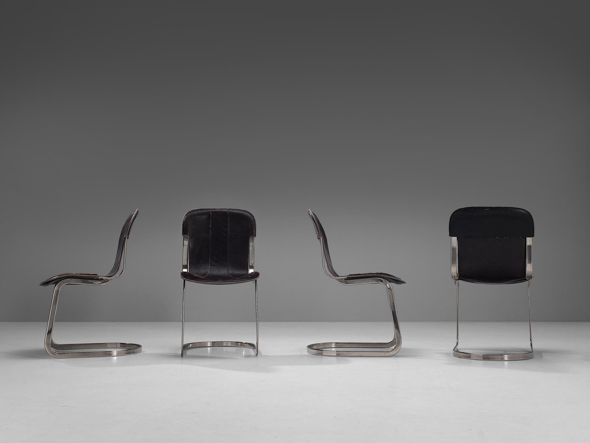 Cidue Set of Four Dining Chairs in Dark Brown Leather and Chrome In Good Condition For Sale In Waalwijk, NL