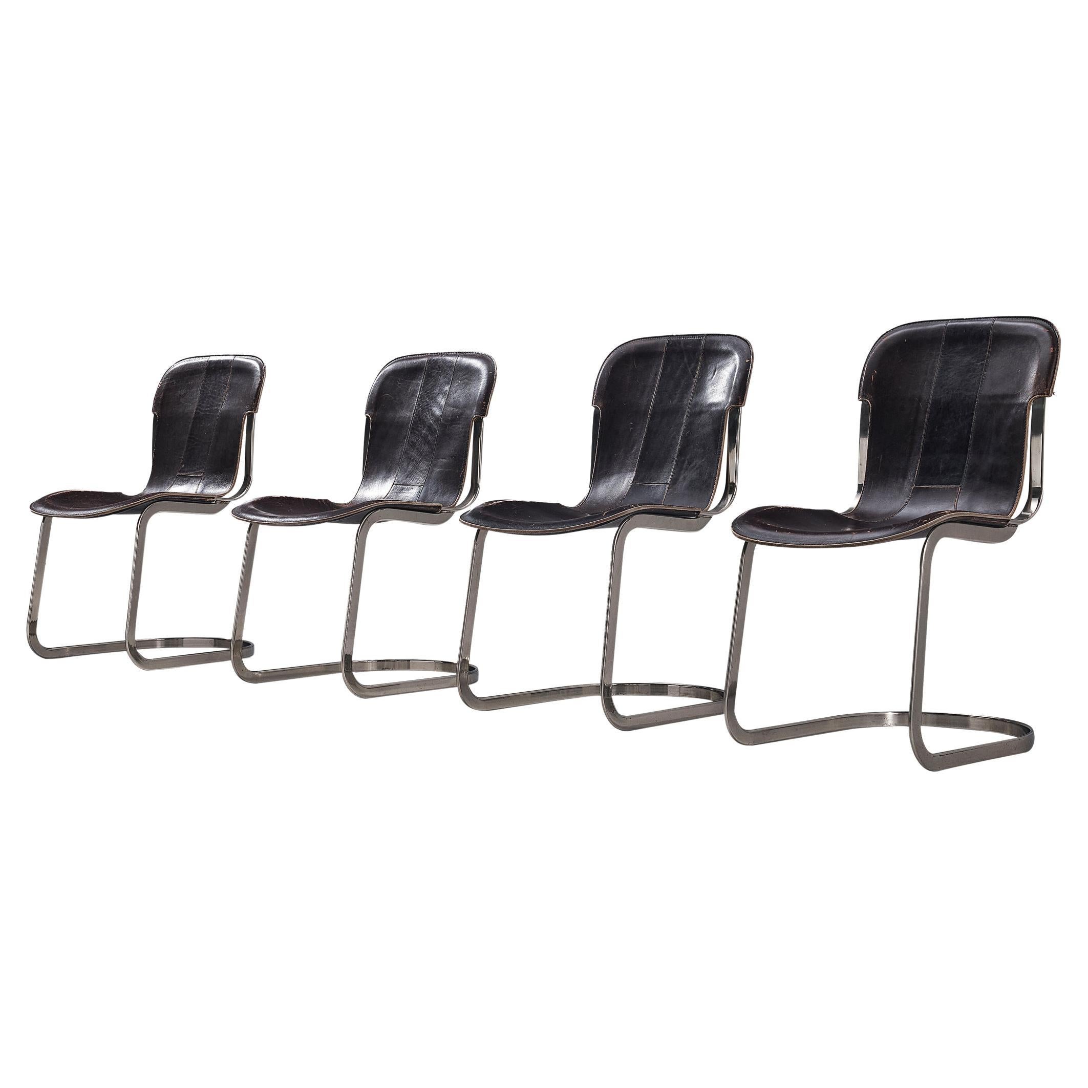 Cidue Set of Four Dining Chairs in Dark Brown Leather and Chrome