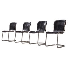 Set of Four Dining Chairs in Dark Brown Leather and Chrome by Cidue