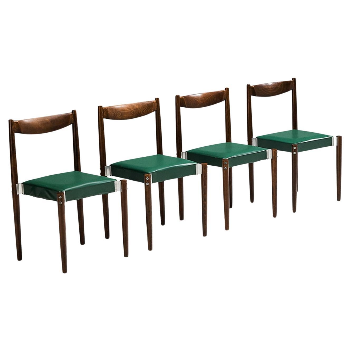 Set of Four Dining Chairs in Green Leatherette and Stained Wood