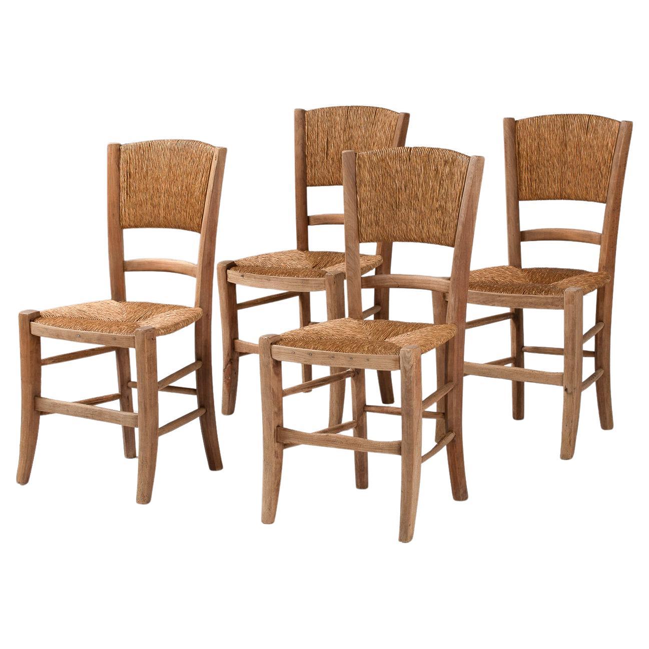 Set of Four Dining Chairs in Oak and Rush, France, 1950s
