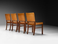 Set of Four Dining Chairs in Original Patinated Cognac Leather and Teak