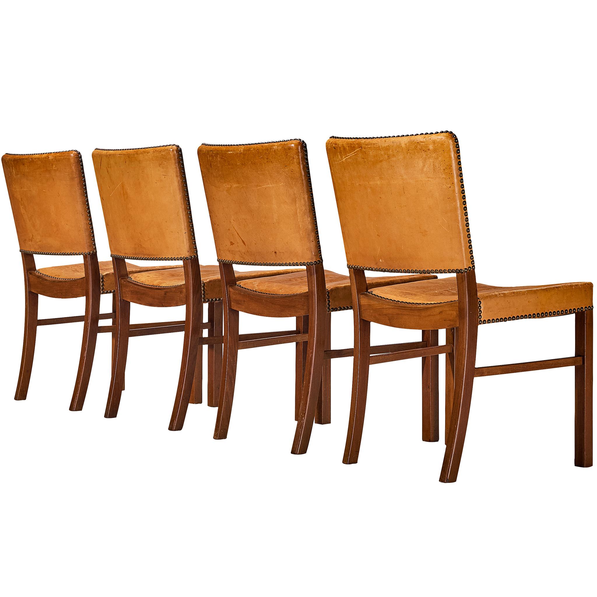 Set of Four Dining Chairs in Original Patinated Cognac Leather and Teak