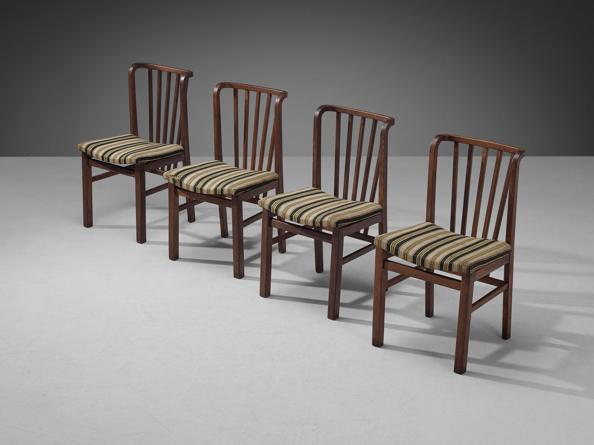 Set of Four Dining Chairs in Stained Oak and Striped Upholstery For Sale 3