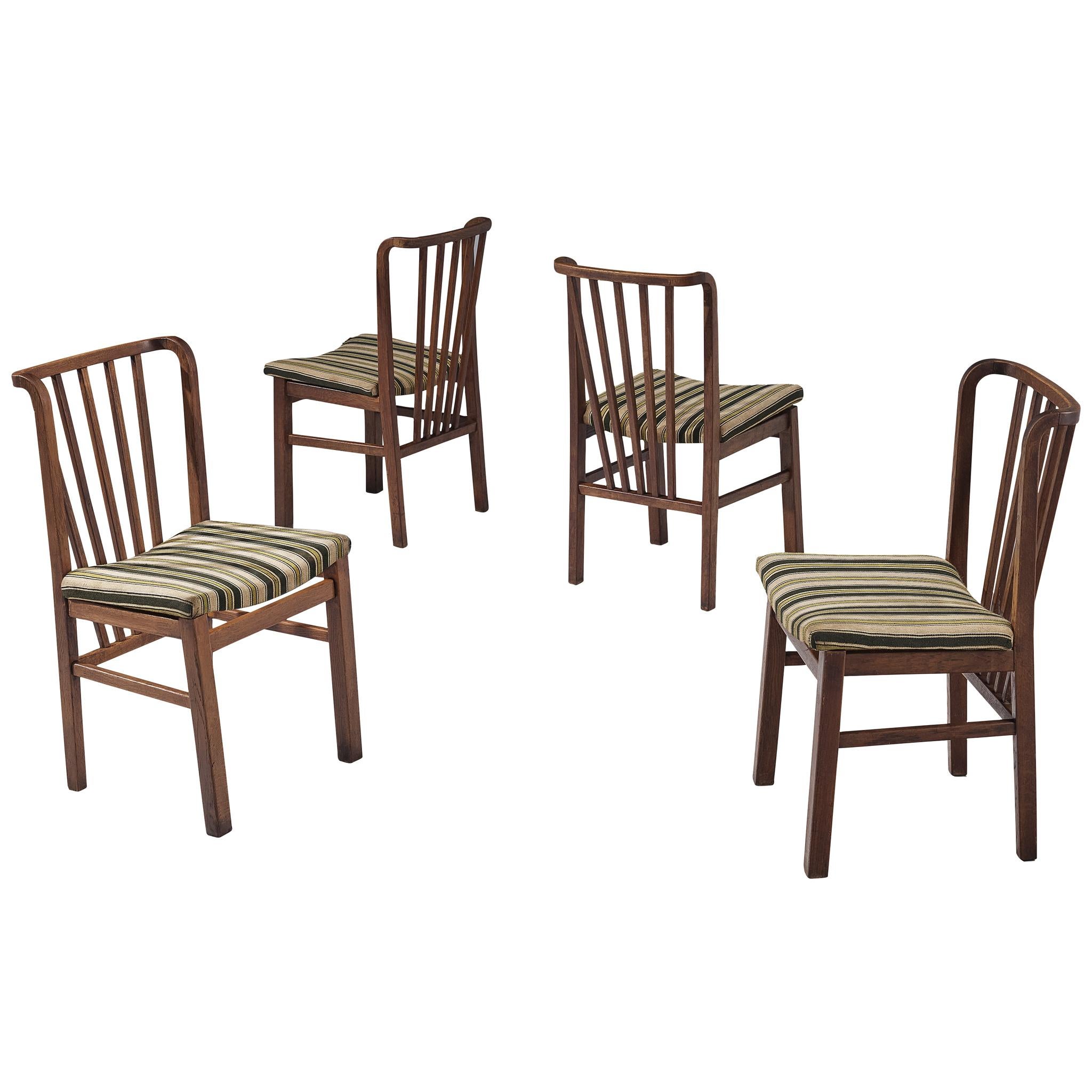 Set of Four Dining Chairs in Stained Oak and Striped Upholstery im Angebot