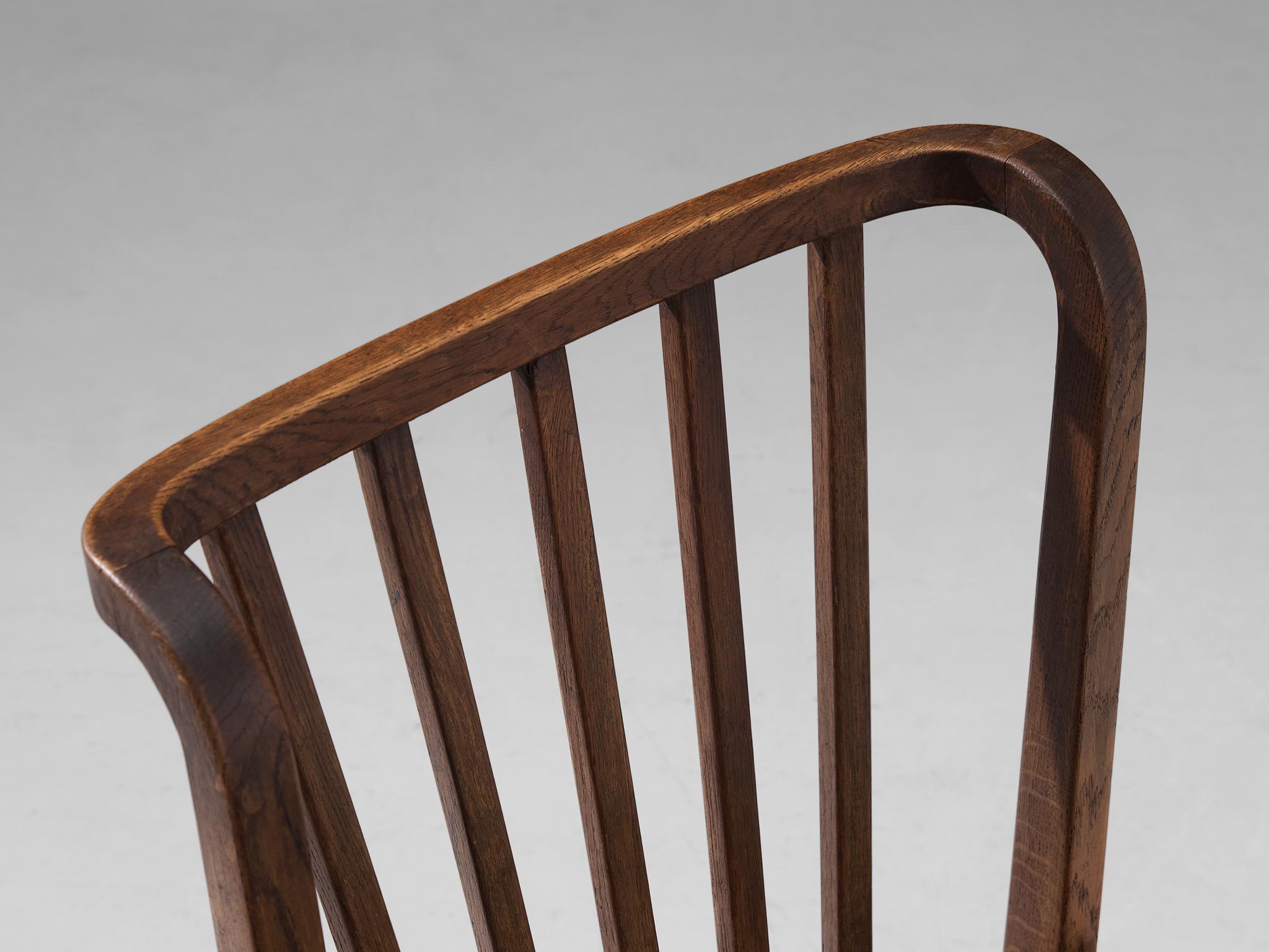 European Set of Four Dining Chairs in Stained Oak and Striped Upholstery For Sale