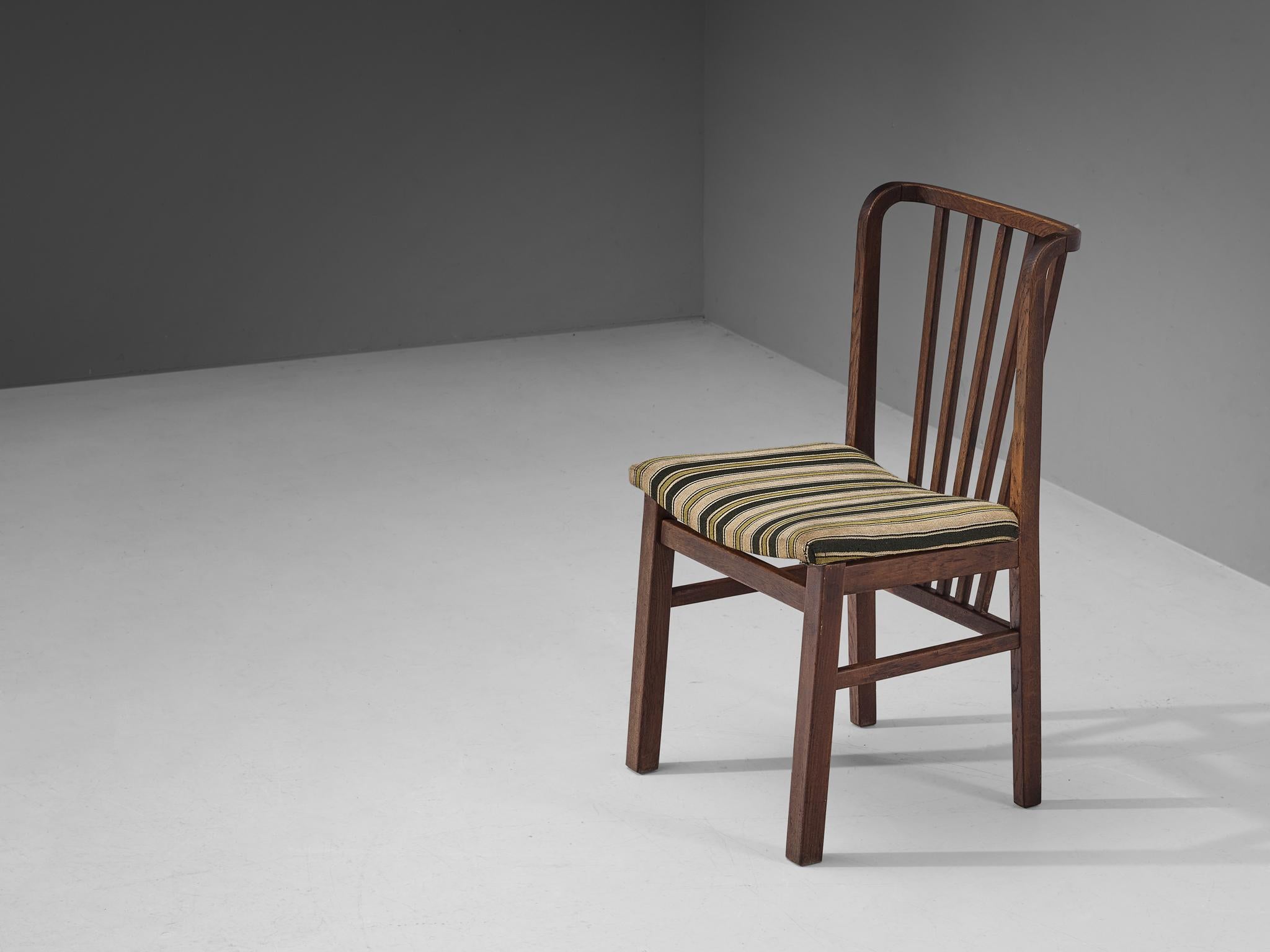 Mid-20th Century Set of Four Dining Chairs in Stained Oak and Striped Upholstery For Sale