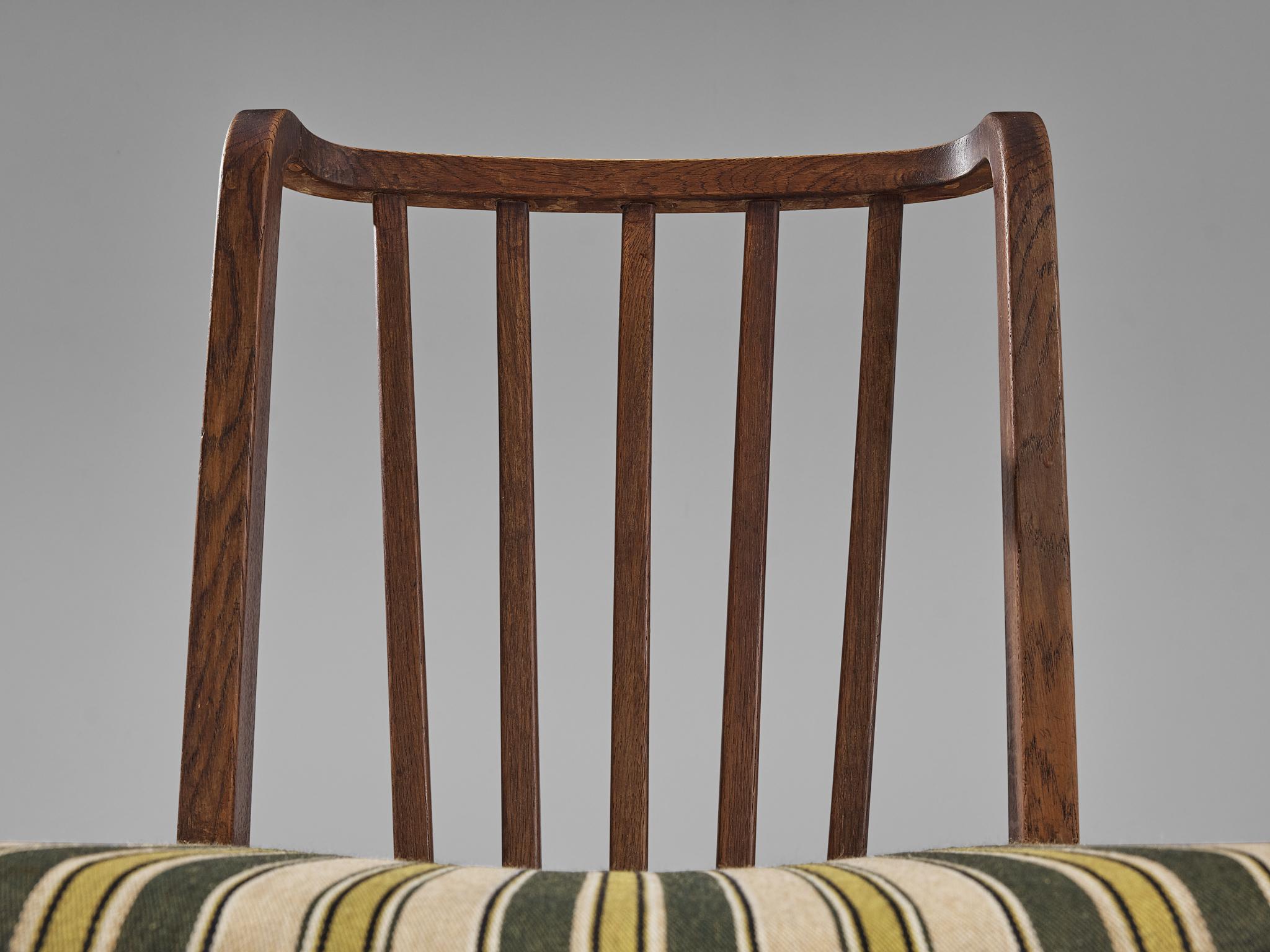 Fabric Set of Four Dining Chairs in Stained Oak and Striped Upholstery For Sale